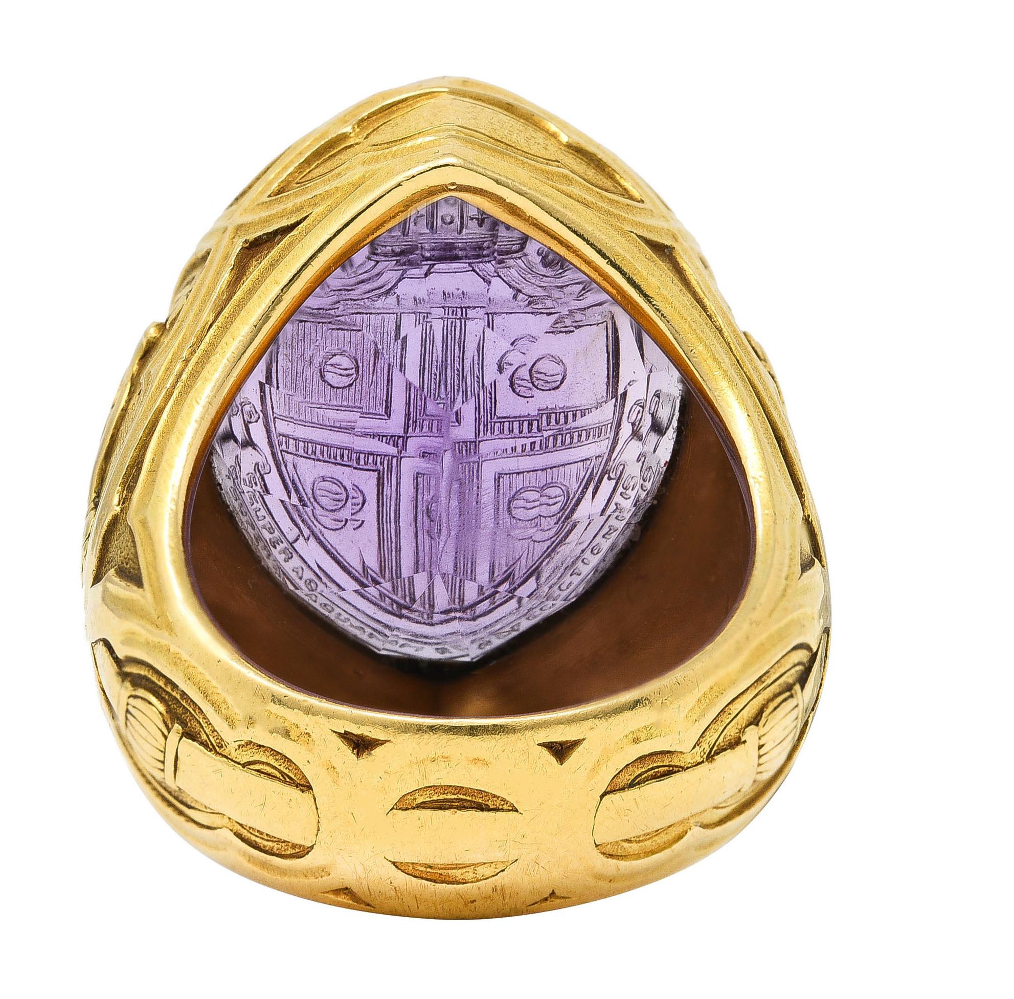Mixed Cut 1915 Amethyst 18 Karat Yellow Gold Intaglio Ecclesiastical Antique Bishop's Ring