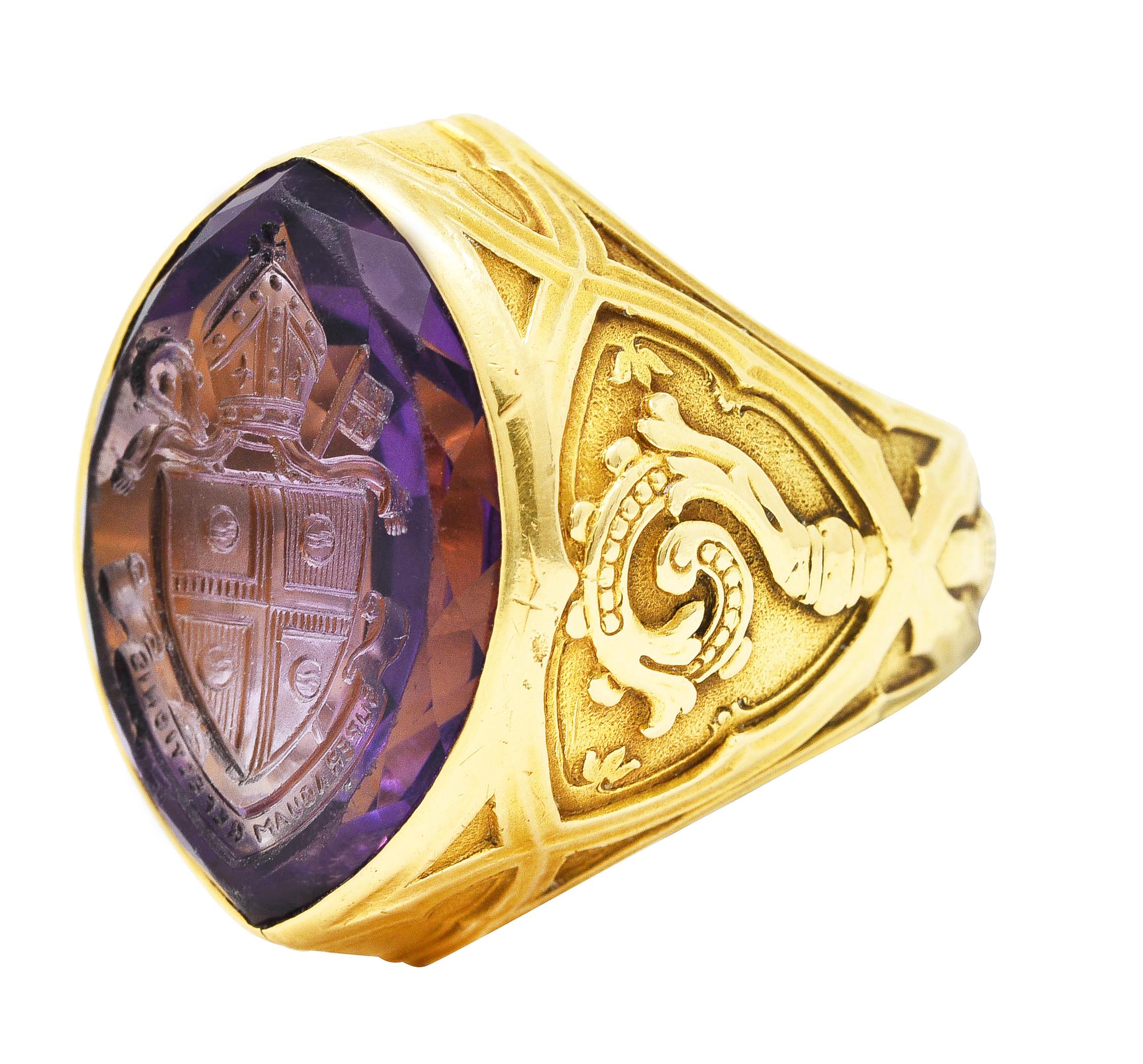 Women's or Men's 1915 Amethyst 18 Karat Yellow Gold Intaglio Ecclesiastical Antique Bishop's Ring