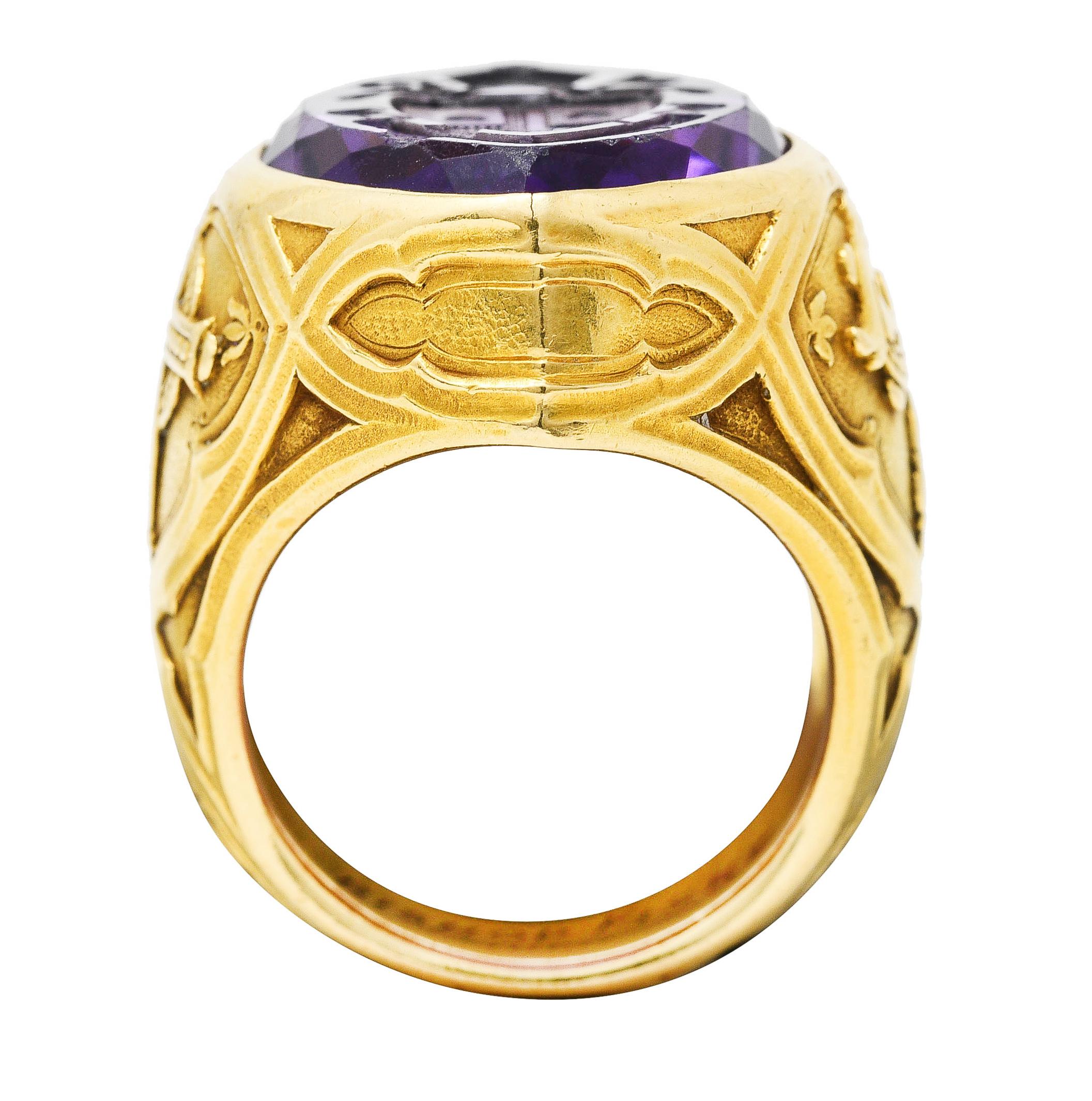 1915 Amethyst 18 Karat Yellow Gold Intaglio Ecclesiastical Antique Bishop's Ring 2
