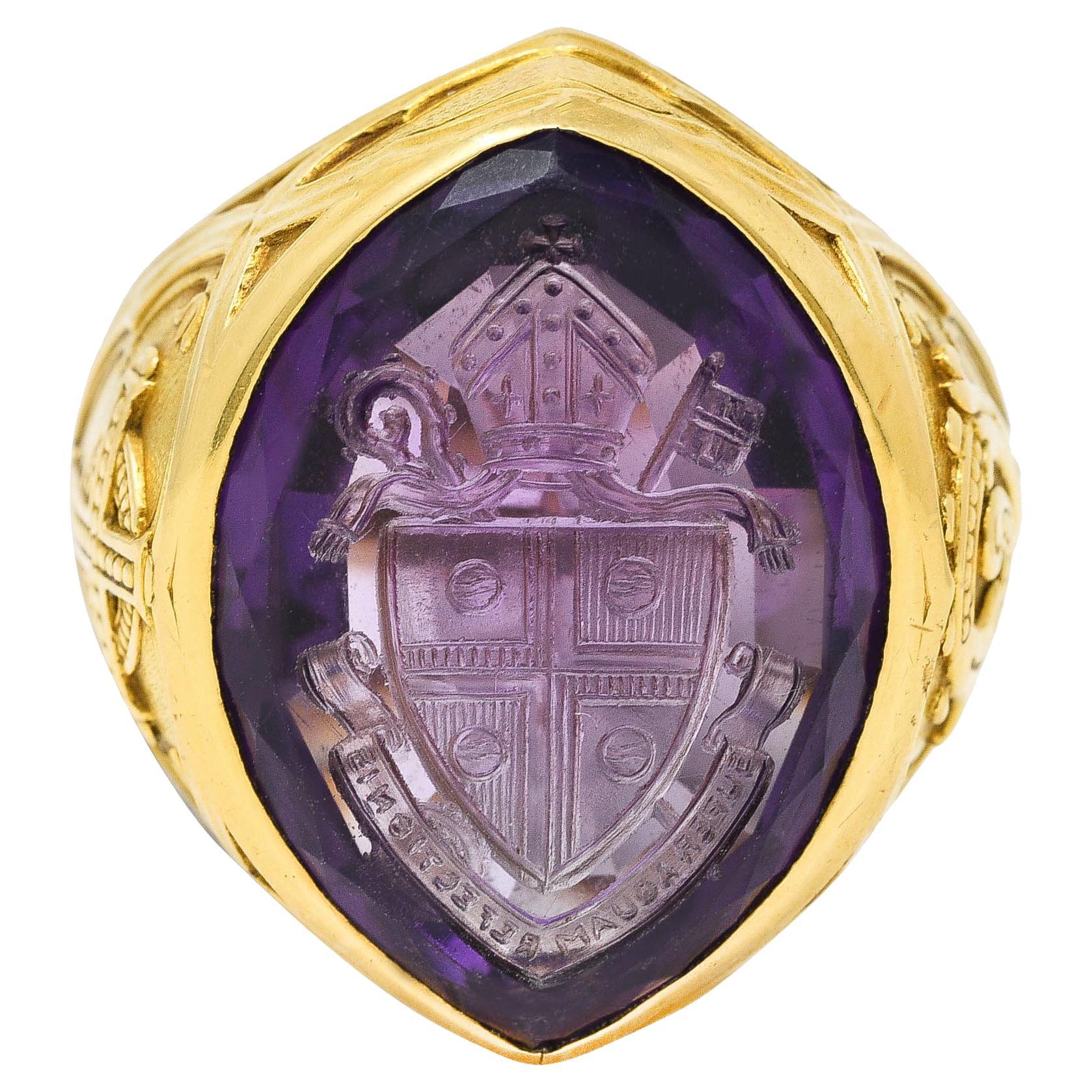 1915 Amethyst 18 Karat Yellow Gold Intaglio Ecclesiastical Antique Bishop's Ring
