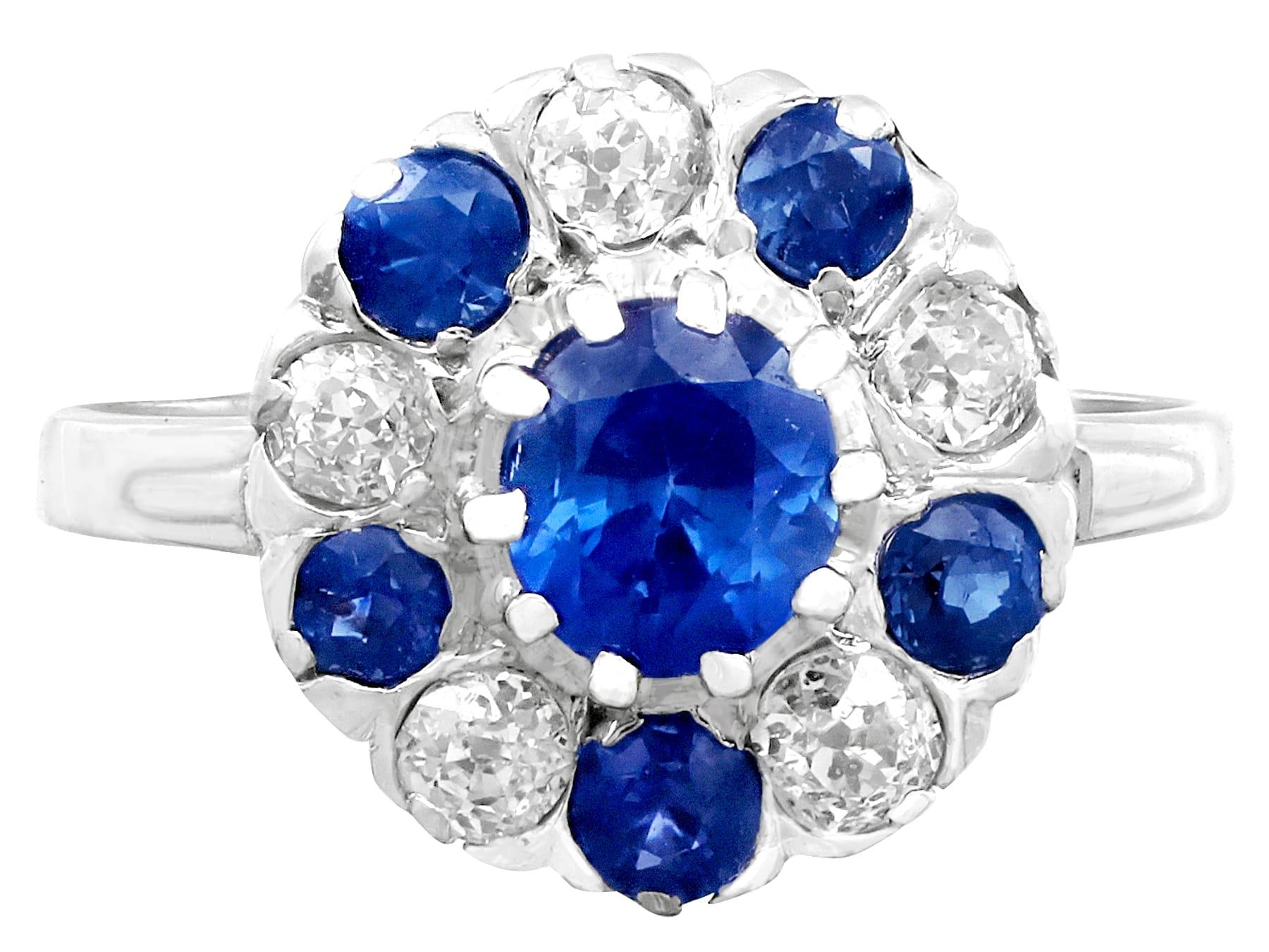 Round Cut 1915 Antique 1.04 Carat Sapphire and Diamond Platinum Cluster Ring For Sale