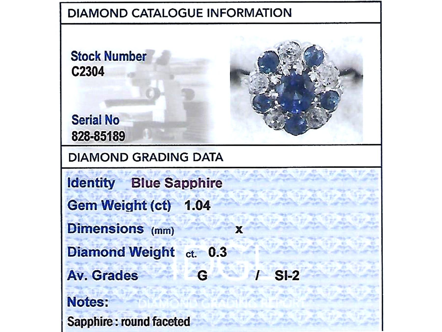 1915 Antique 1.04 Carat Sapphire and Diamond Platinum Cluster Ring For Sale 1