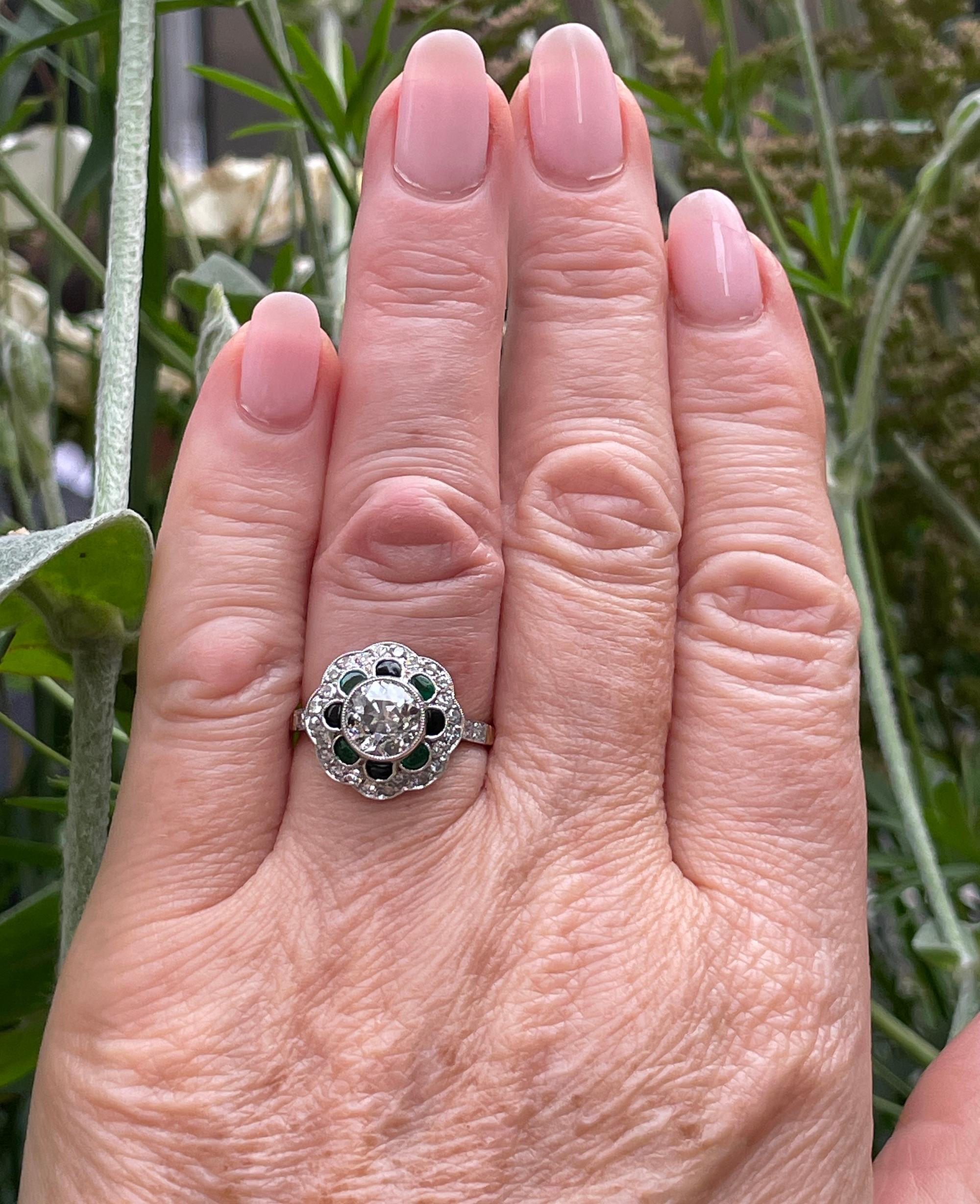 1915 Antique 2.27ctw OLD EURO Diamond Emerald Black Onyx Flower Plat 18KY Ring 7