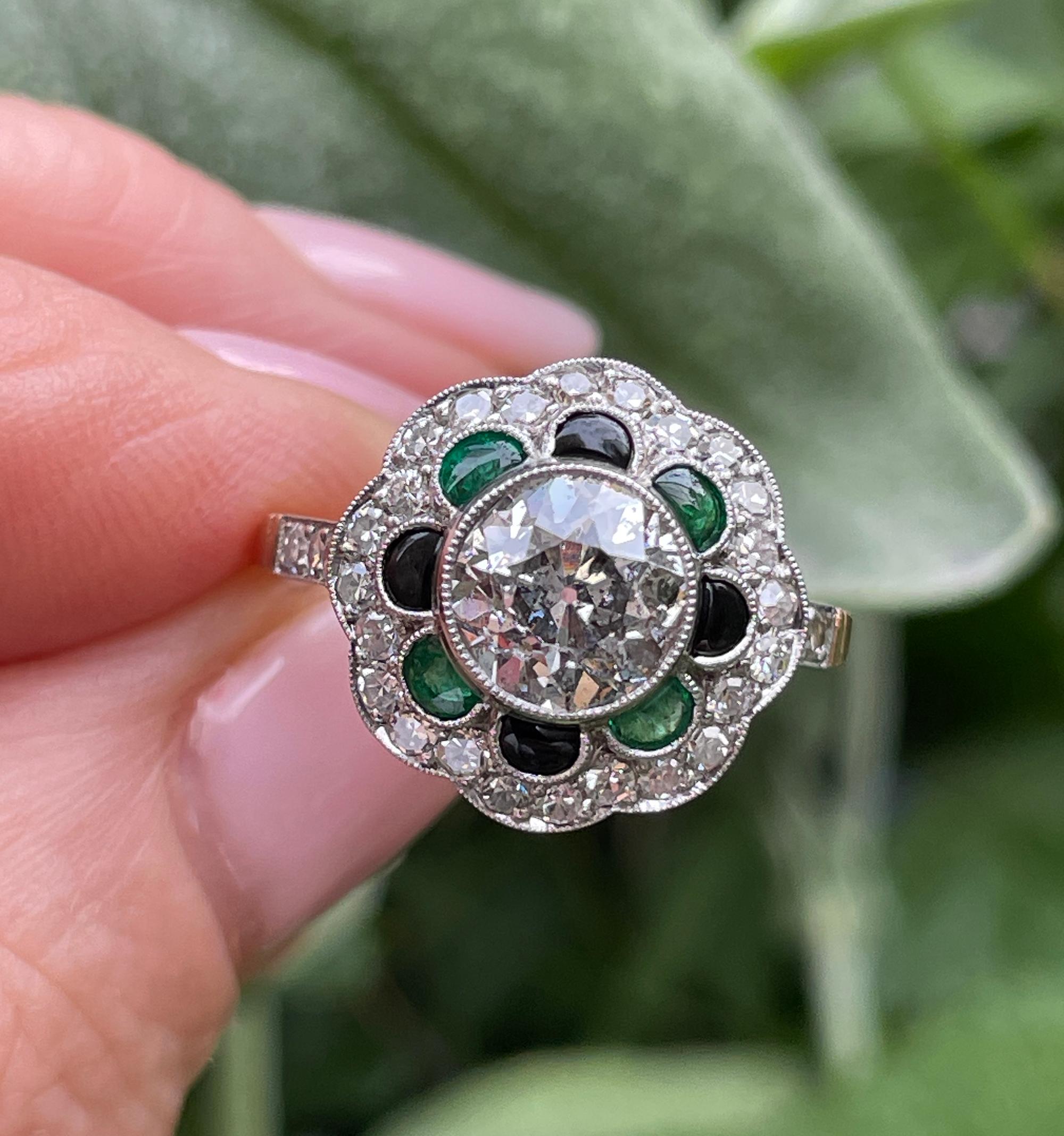 1915 Antique 2.27ctw OLD EURO Diamond Emerald Black Onyx Flower Plat 18KY Ring 9