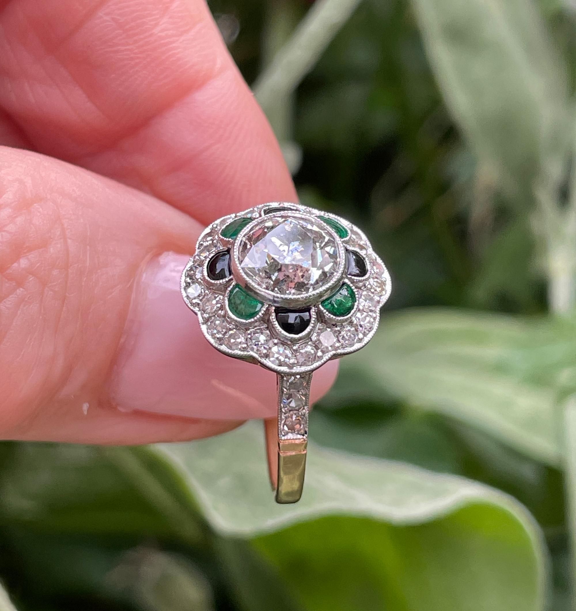 1915 Antique 2.27ctw OLD EURO Diamond Emerald Black Onyx Flower Plat 18KY Ring 11