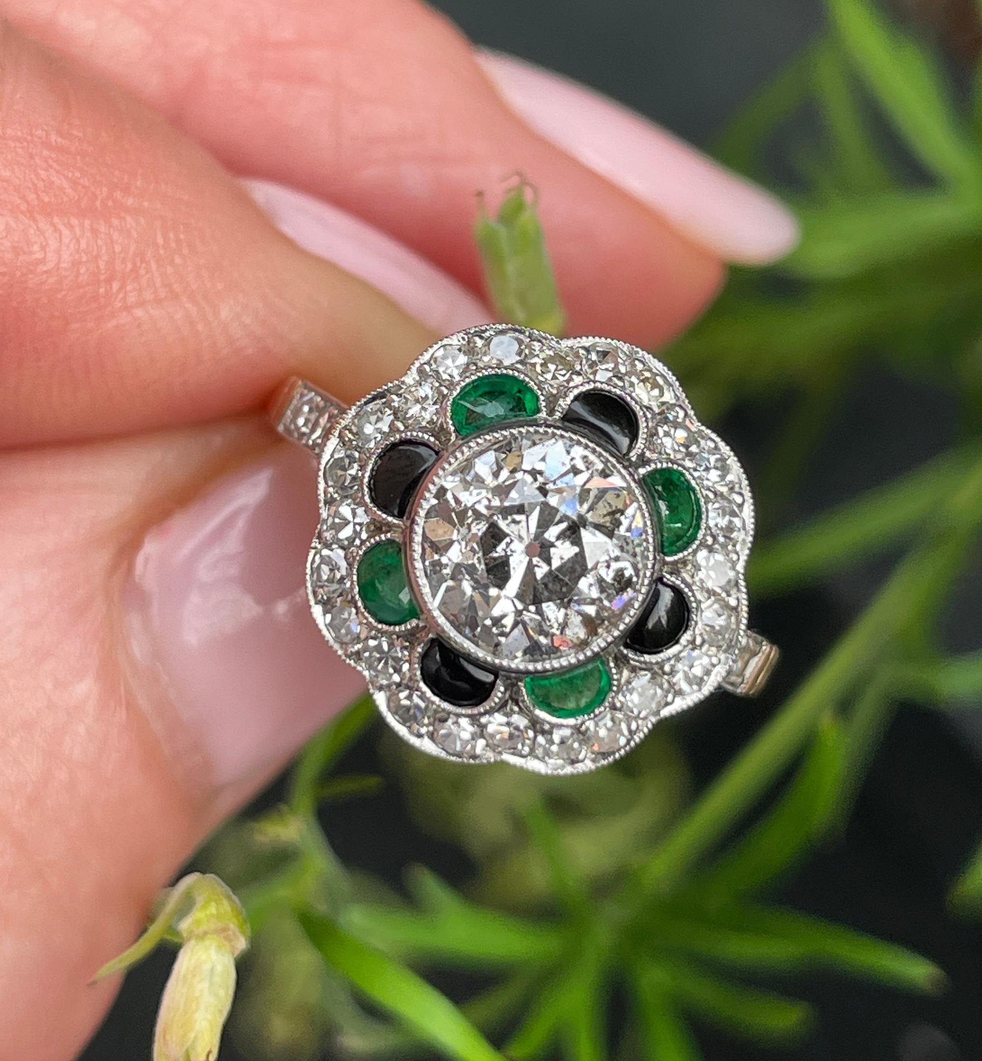 1915 Antique 2.27ctw OLD EURO Diamond Emerald Black Onyx Flower Plat 18KY Ring 12