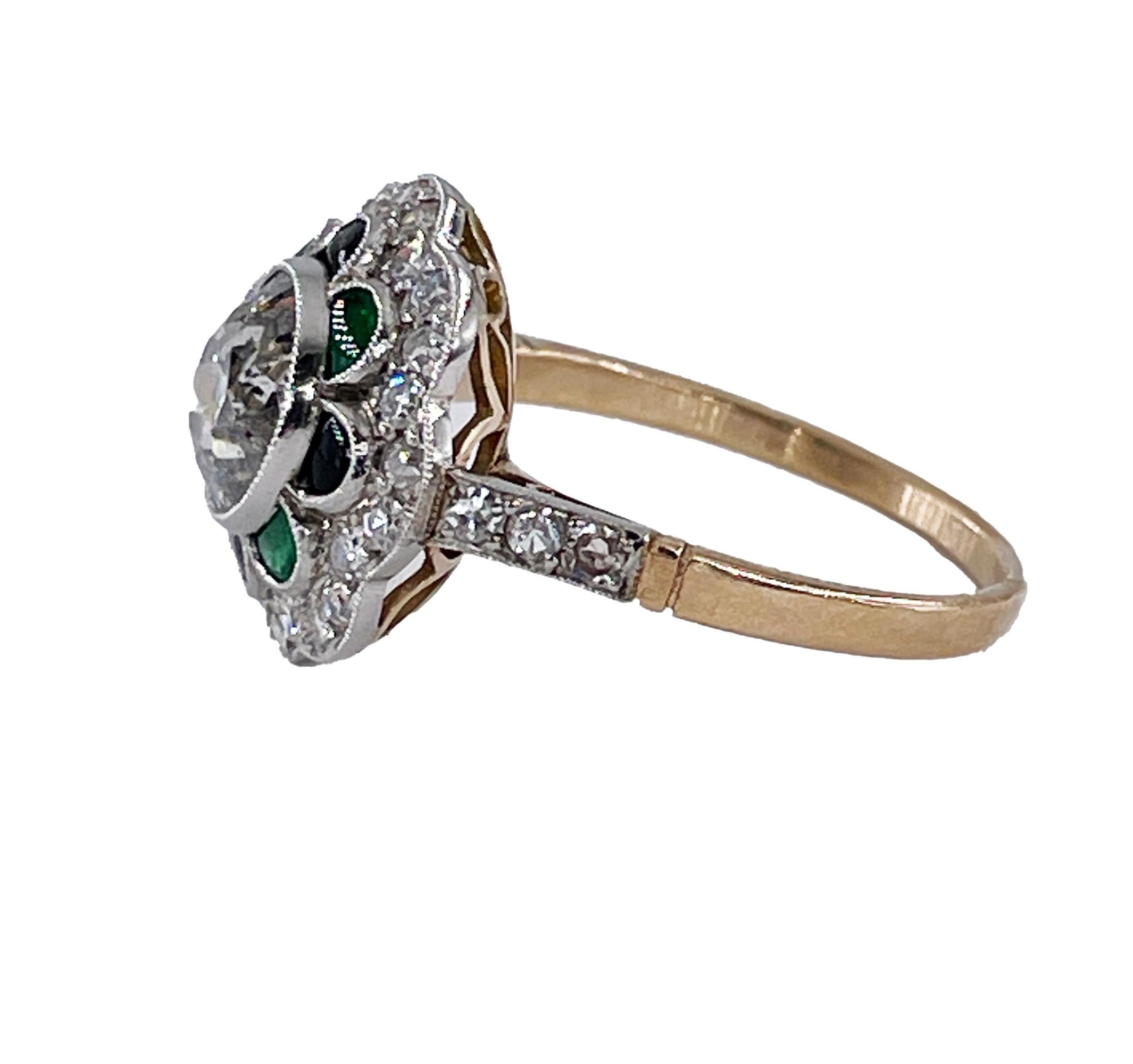 Art Deco 1915 Antique 2.27ctw OLD EURO Diamond Emerald Black Onyx Flower Plat 18KY Ring