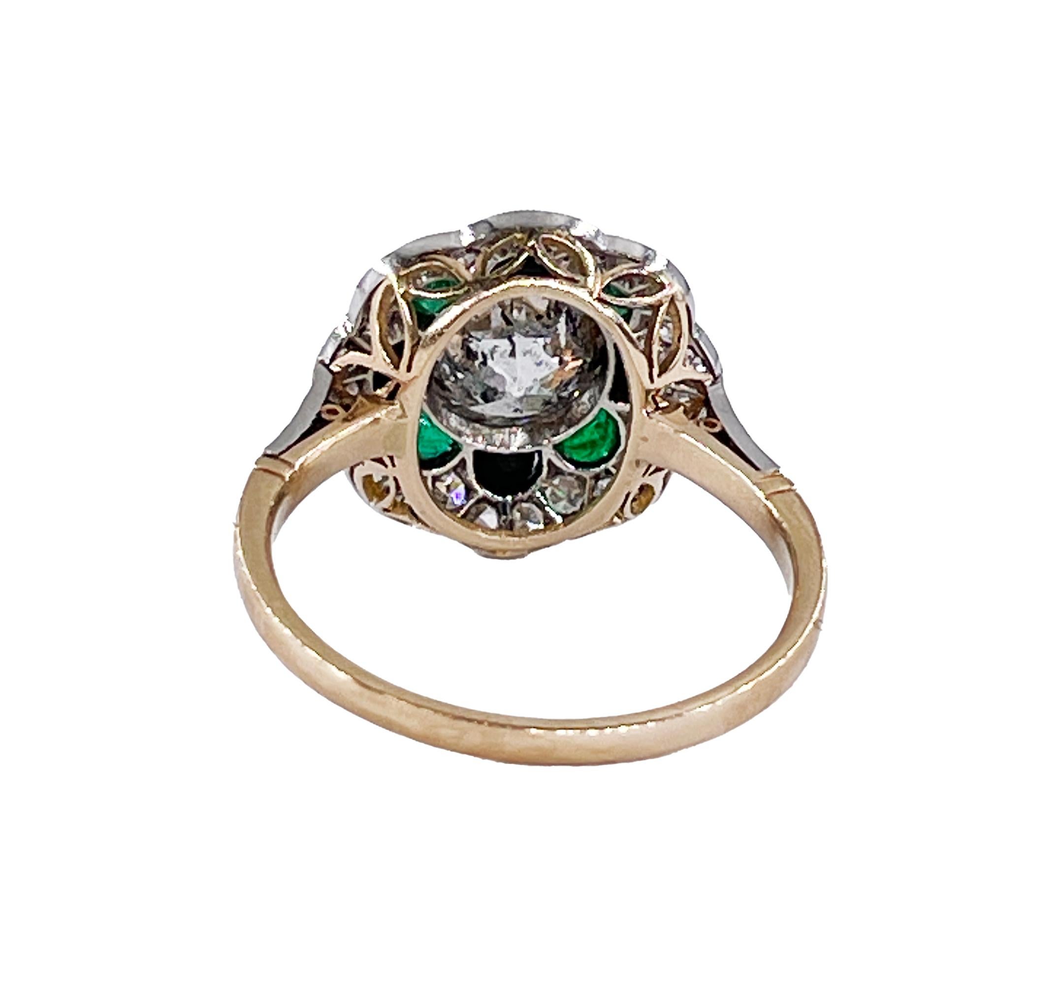 Round Cut 1915 Antique 2.27ctw OLD EURO Diamond Emerald Black Onyx Flower Plat 18KY Ring