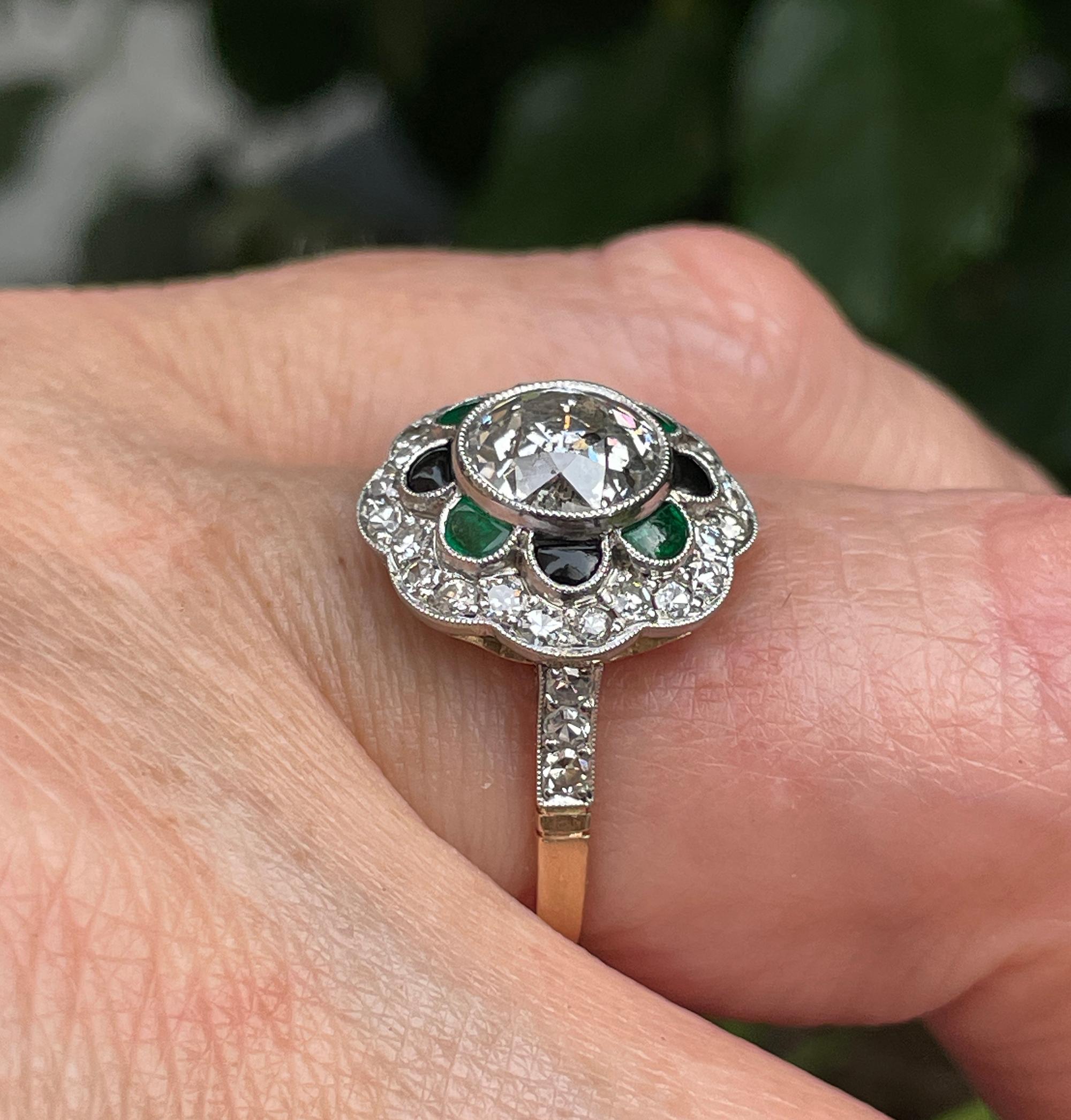 1915 Antique 2.27ctw OLD EURO Diamond Emerald Black Onyx Flower Plat 18KY Ring 3