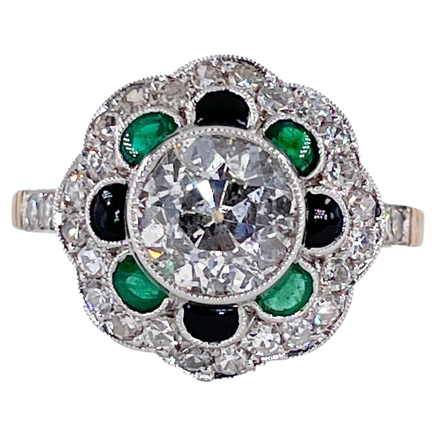 1915 Antique 2.27ctw OLD EURO Diamond Emerald Black Onyx Flower Plat 18KY Ring