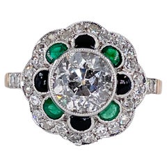 1915 Antiquities 2.27ctw OLD EURO Diamond Emerald Black Onyx Flower Plat 18KY Ring