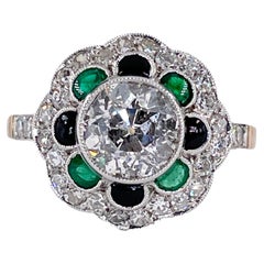 1915 Antique 2.27ctw OLD EURO Diamond Emerald Black Onyx Flower Plat 18KY Ring