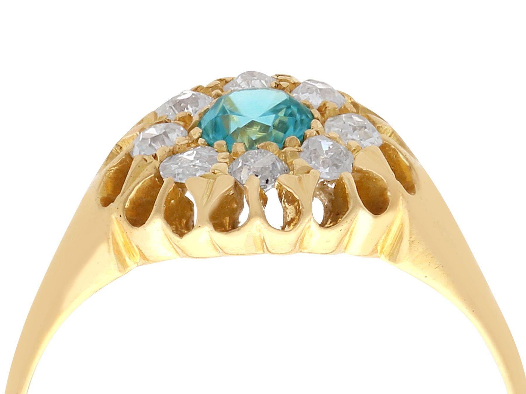 A fine antique blue zircon and 0.28 carat diamond, 18 karat yellow gold dress ring; part of our diverse antique jewelry and estate jewelry collections.

This fine antique blue zircon and diamond ring has been crafted in 18k yellow gold.

The pierced