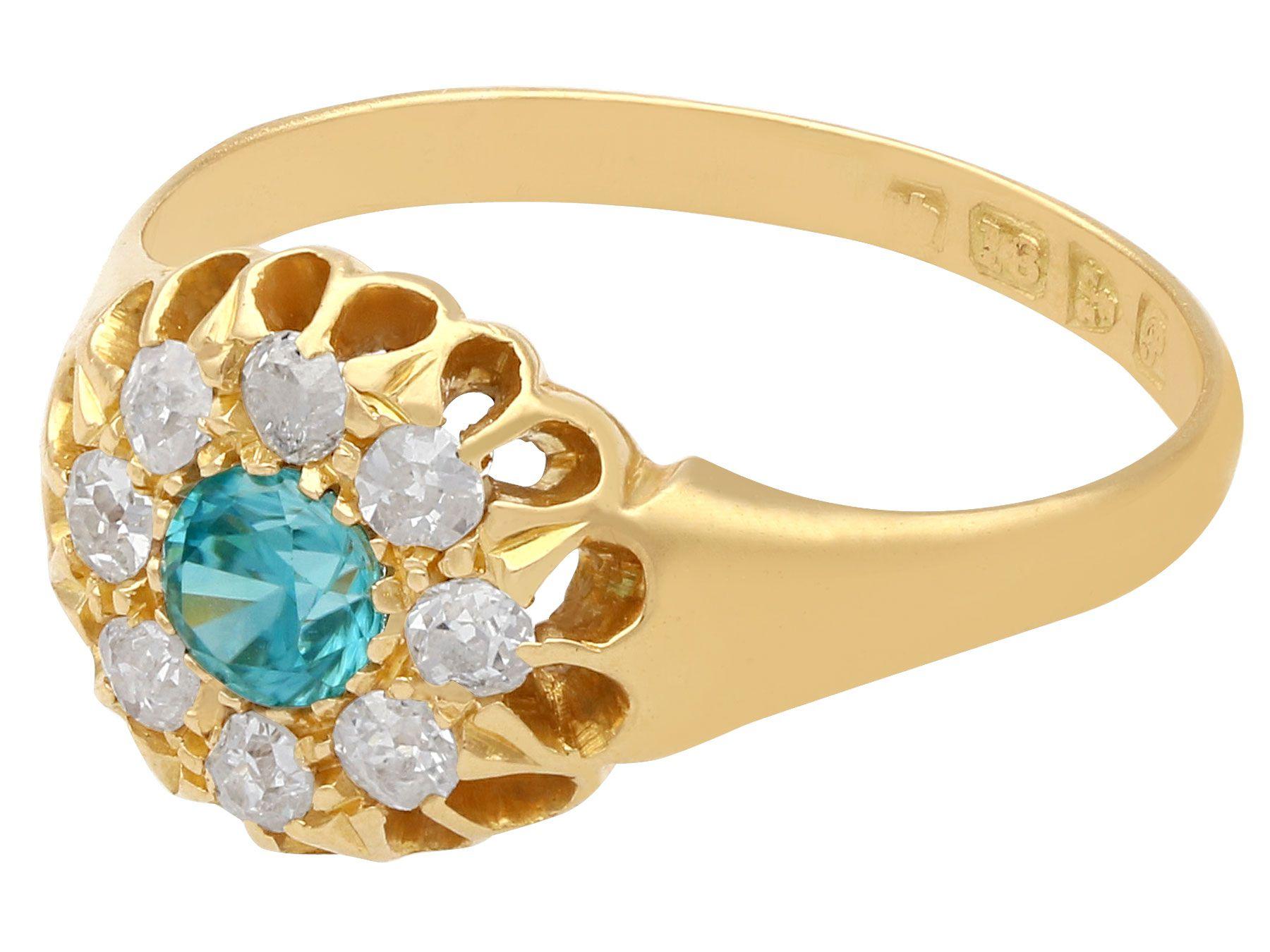 Round Cut 1915 Antique Blue Zircon and Diamond Yellow Gold Cocktail Ring