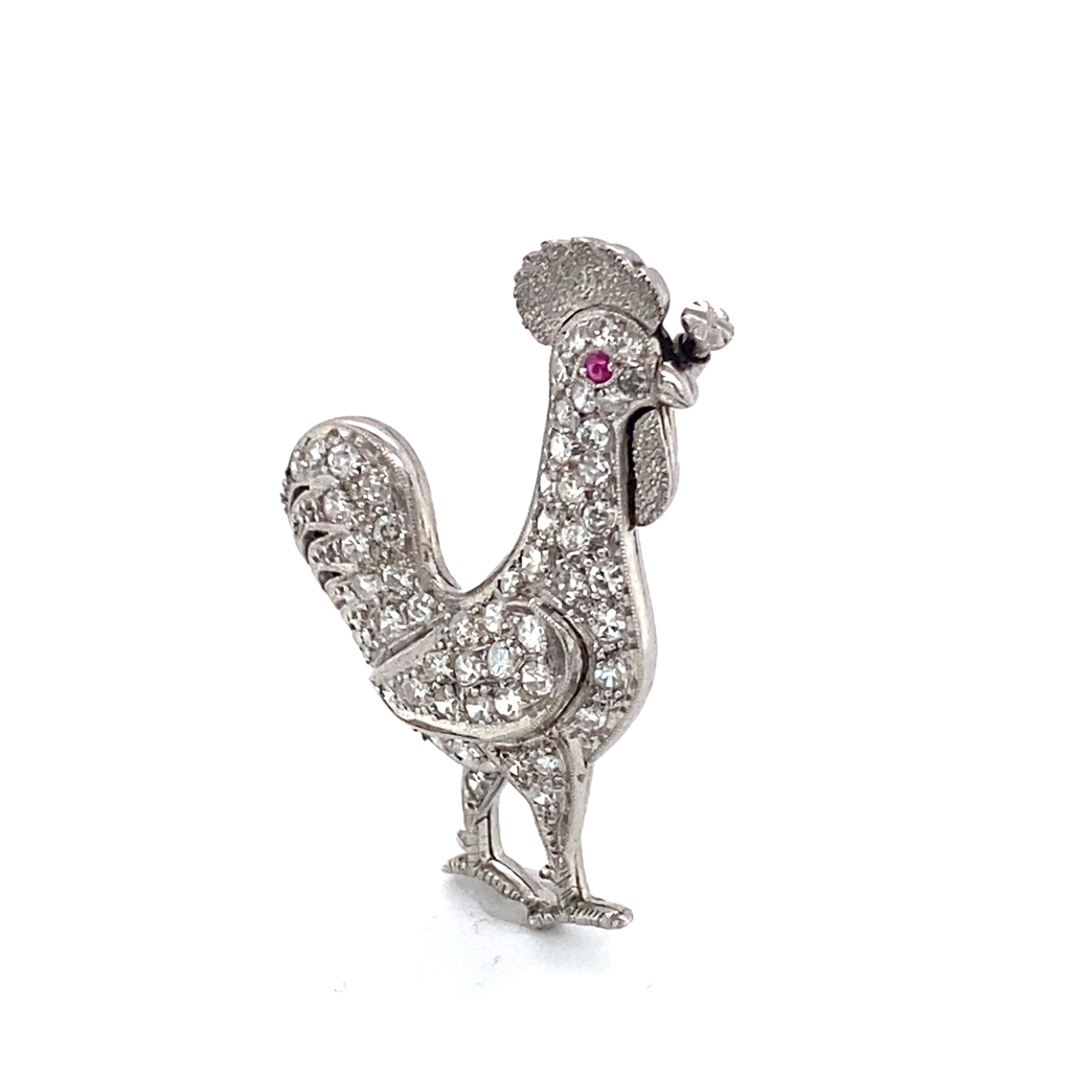 1915 Art Deco 1 Carat Diamond and Ruby Rooster Brooch Pin, Platinum In Excellent Condition For Sale In Atlanta, GA