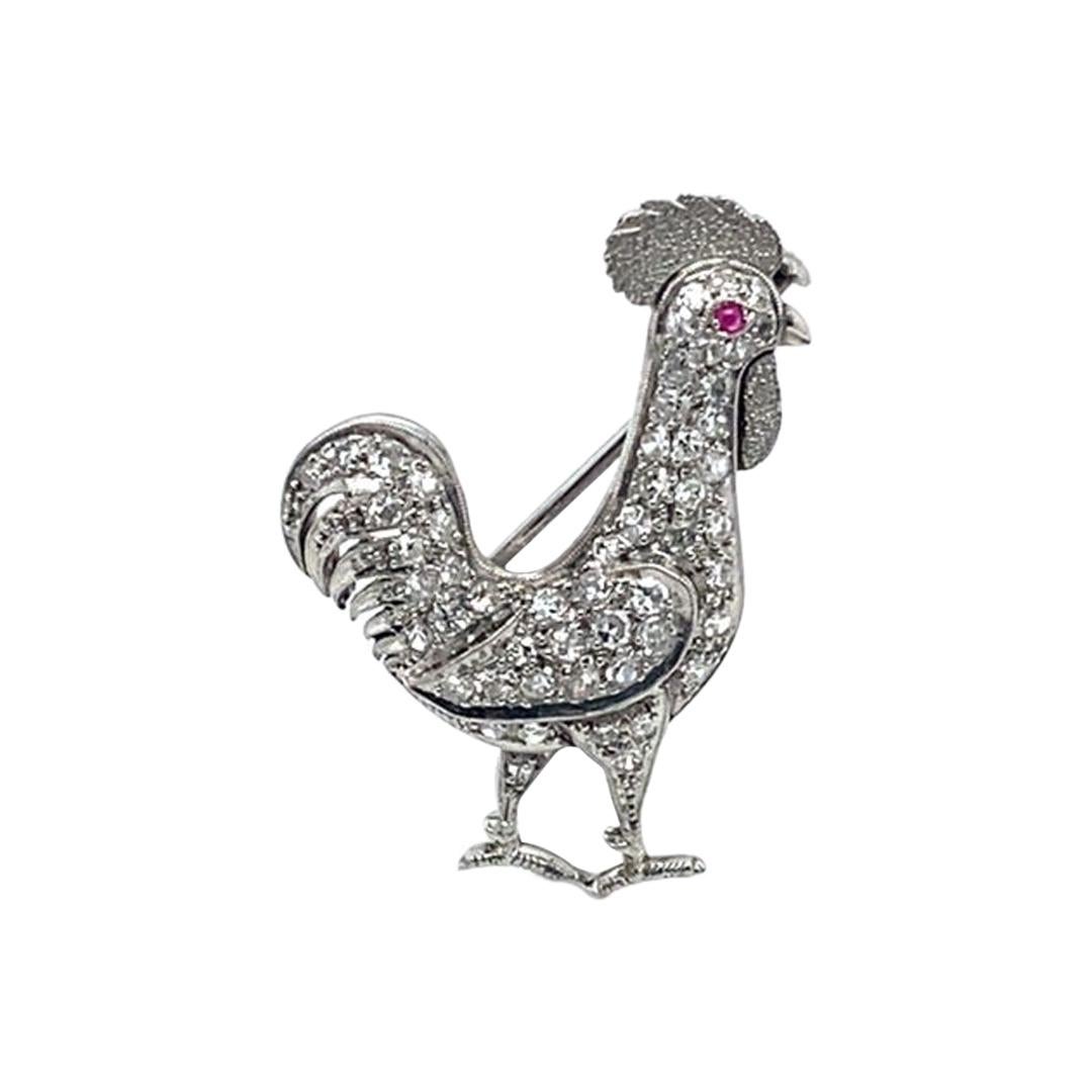1915 Art Deco 1 Carat Diamond and Ruby Rooster Brooch Pin, Platinum