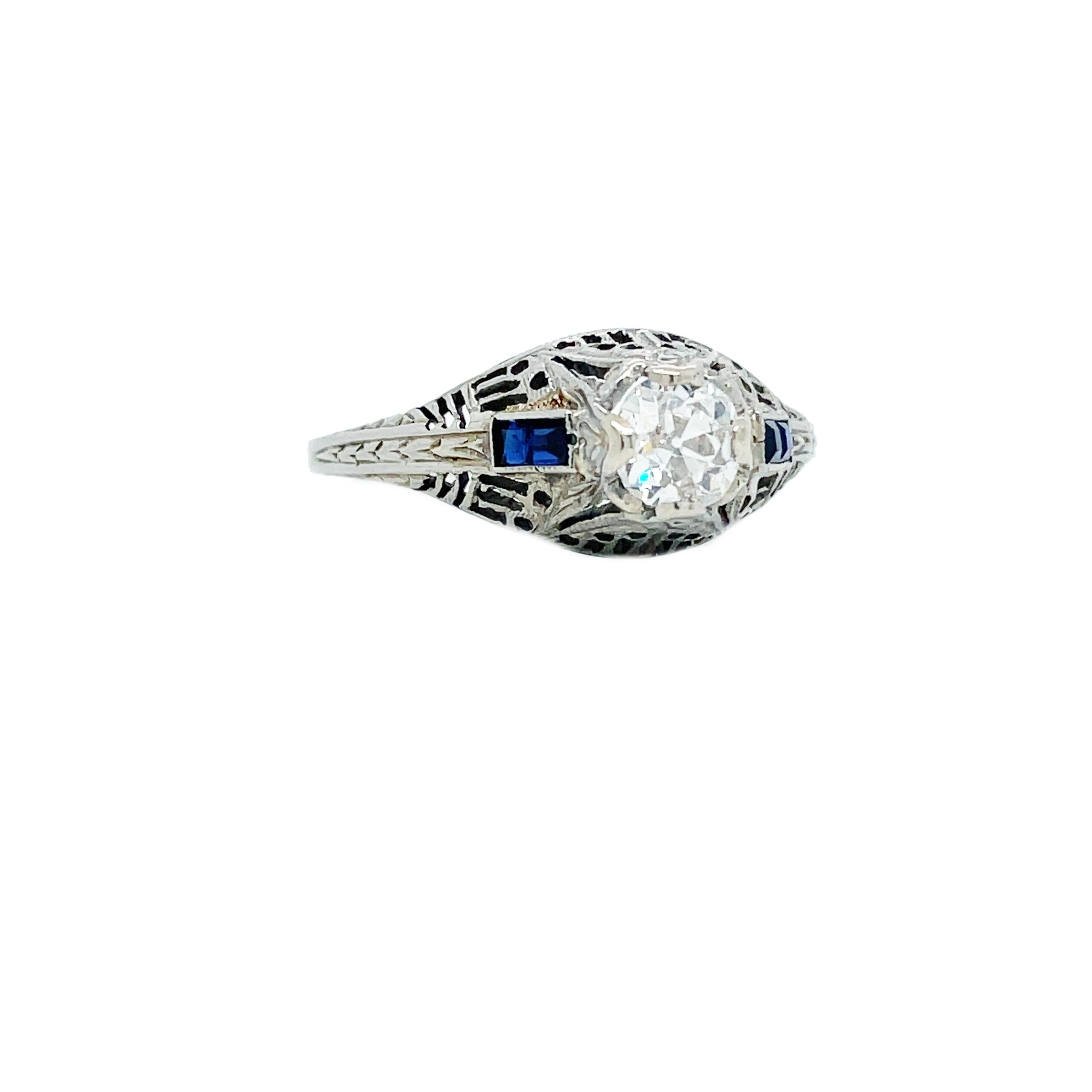 Old Mine Cut 1915 Art Deco Diamond and Sapphire White Gold Filigree Ring with GIA Cert.