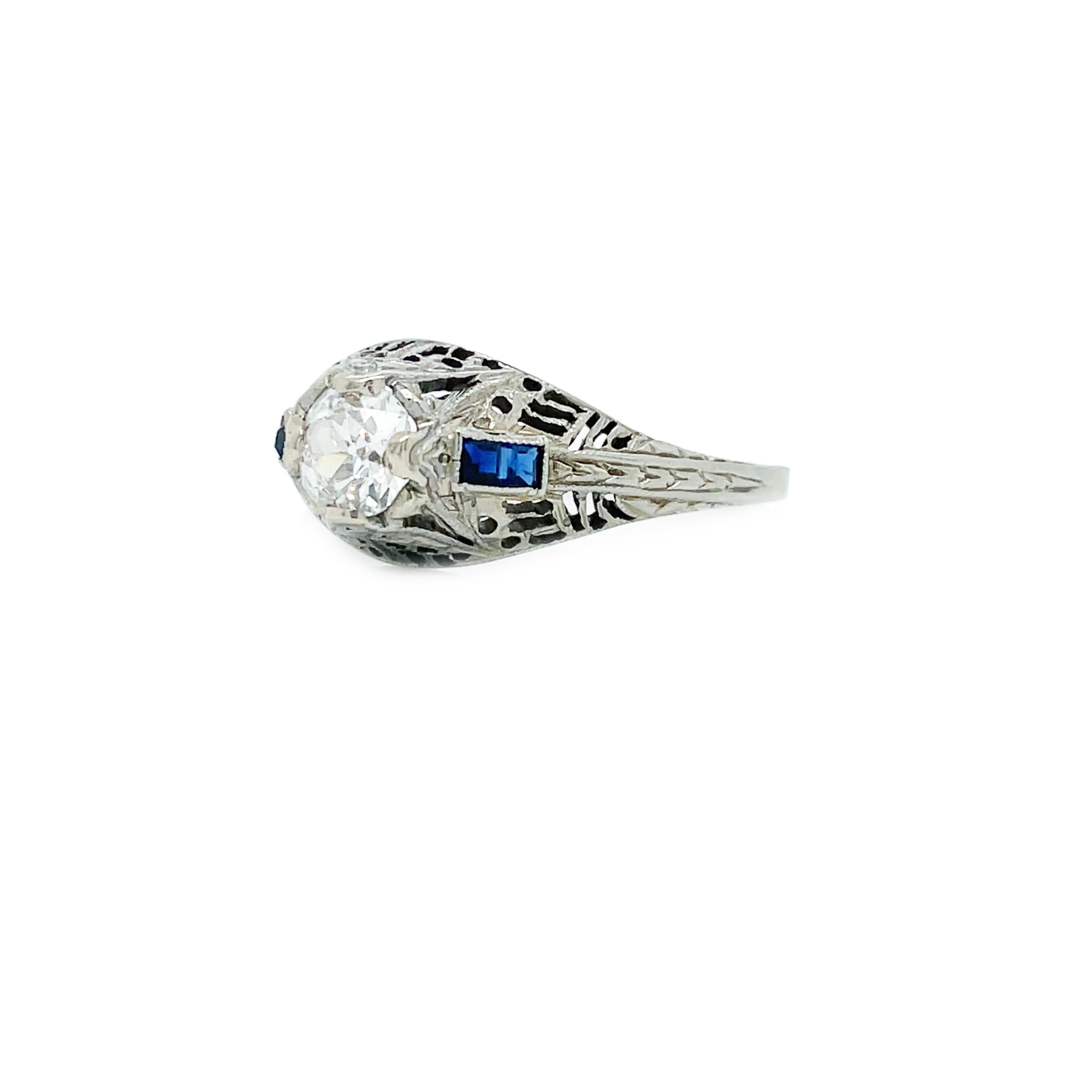 1915 Art Deco Diamond and Sapphire White Gold Filigree Ring with GIA Cert. In Excellent Condition In Lexington, KY