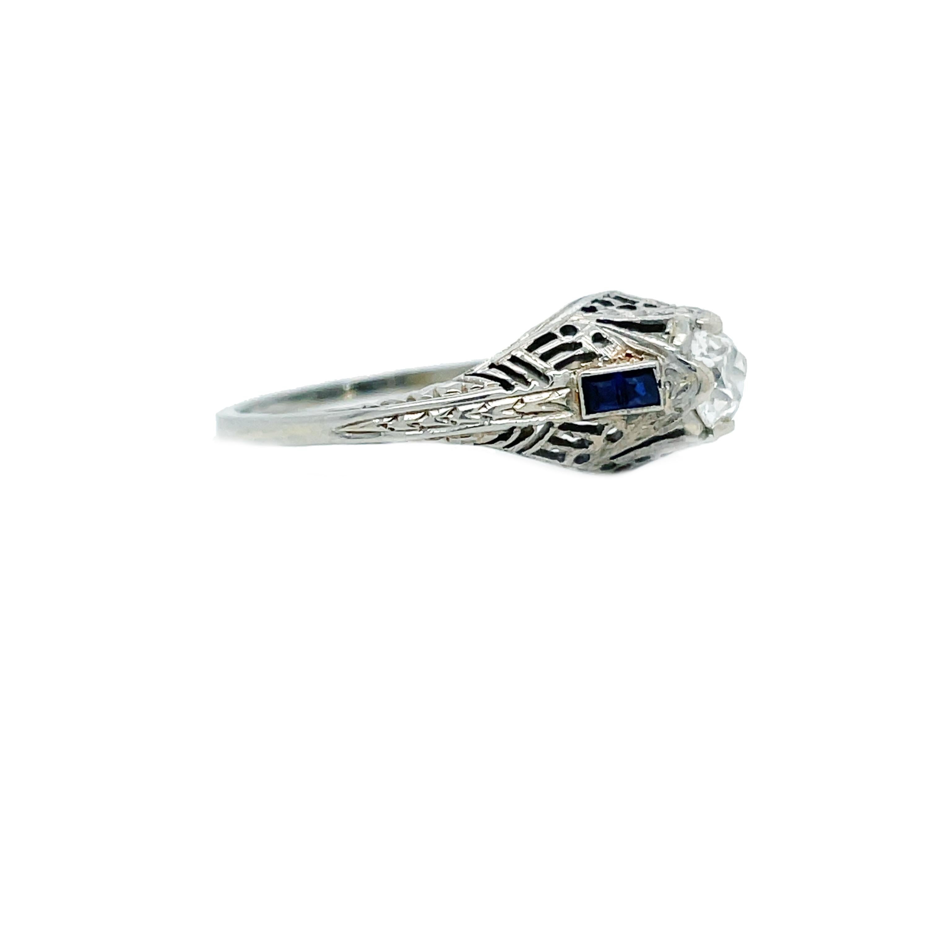 Women's 1915 Art Deco Diamond and Sapphire White Gold Filigree Ring with GIA Cert.