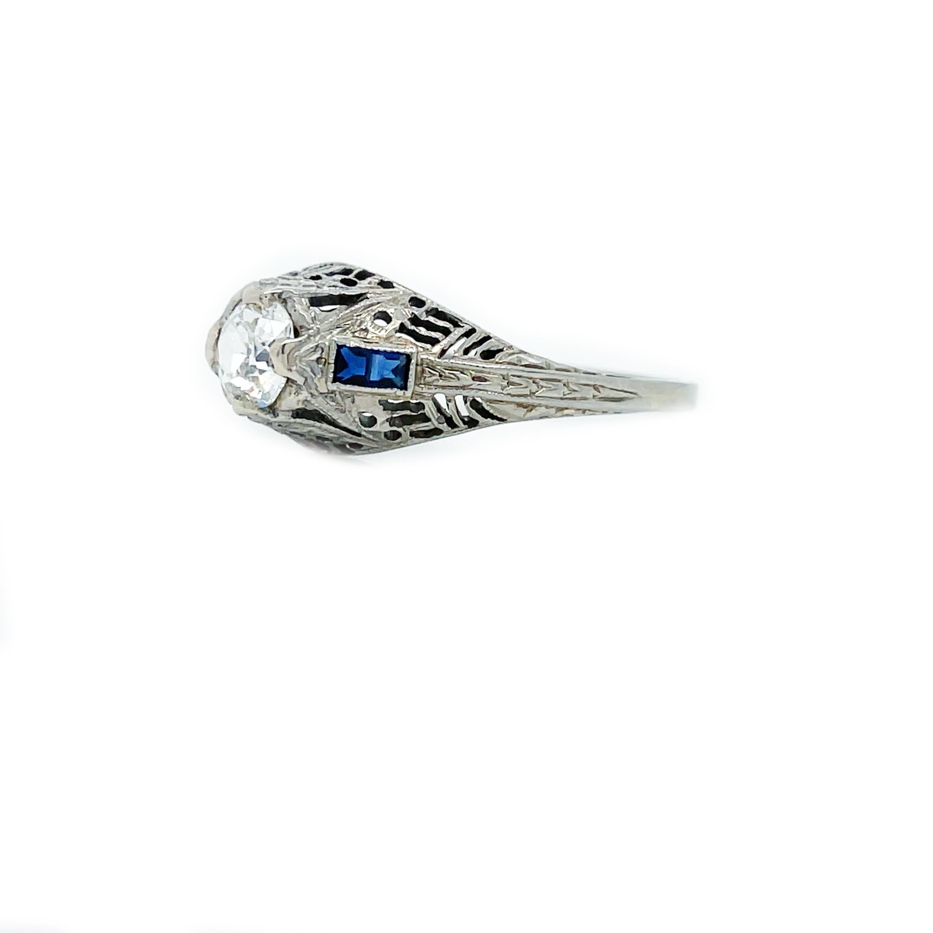 1915 Art Deco Diamond and Sapphire White Gold Filigree Ring with GIA Cert. 1