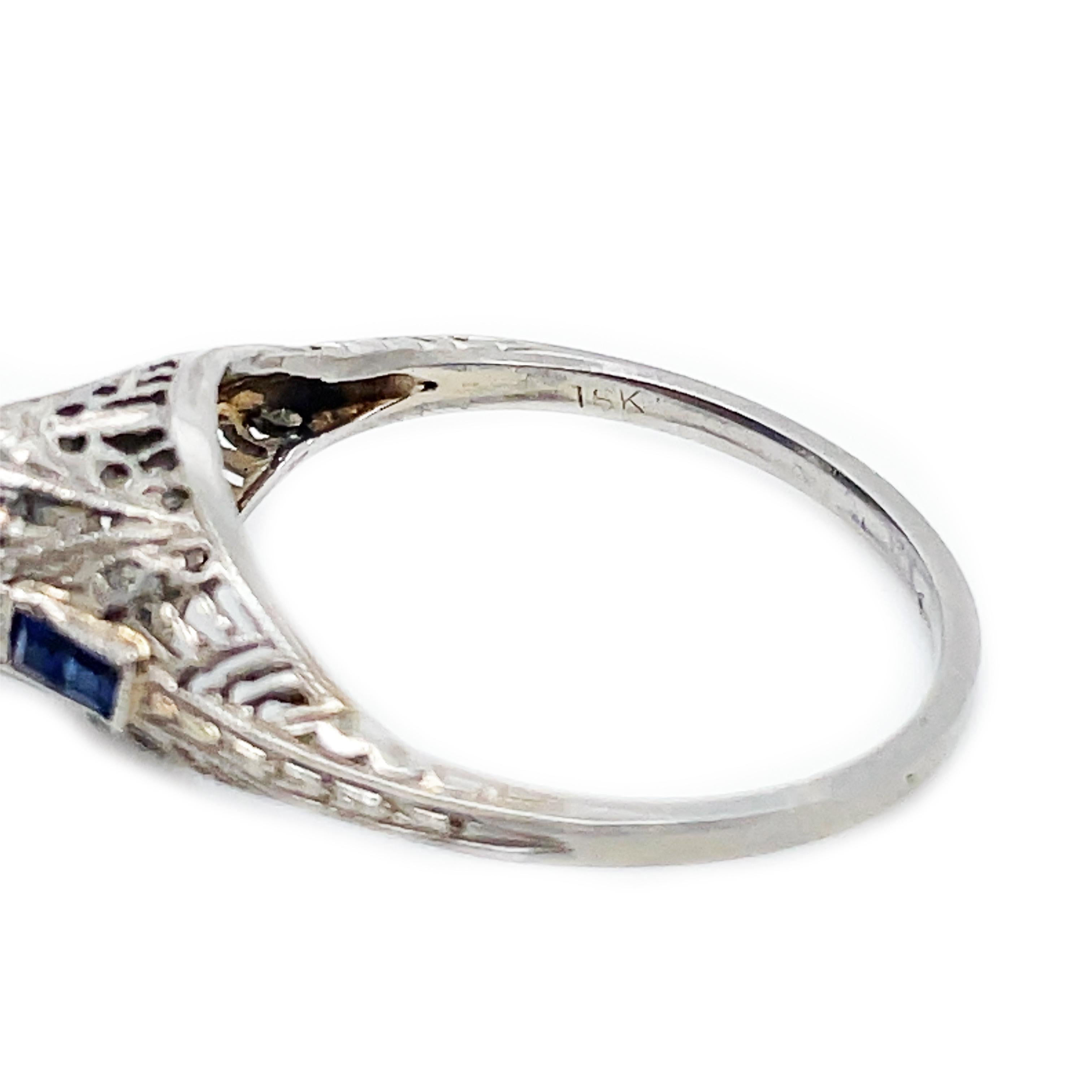 1915 Art Deco Diamond and Sapphire White Gold Filigree Ring with GIA Cert. 2