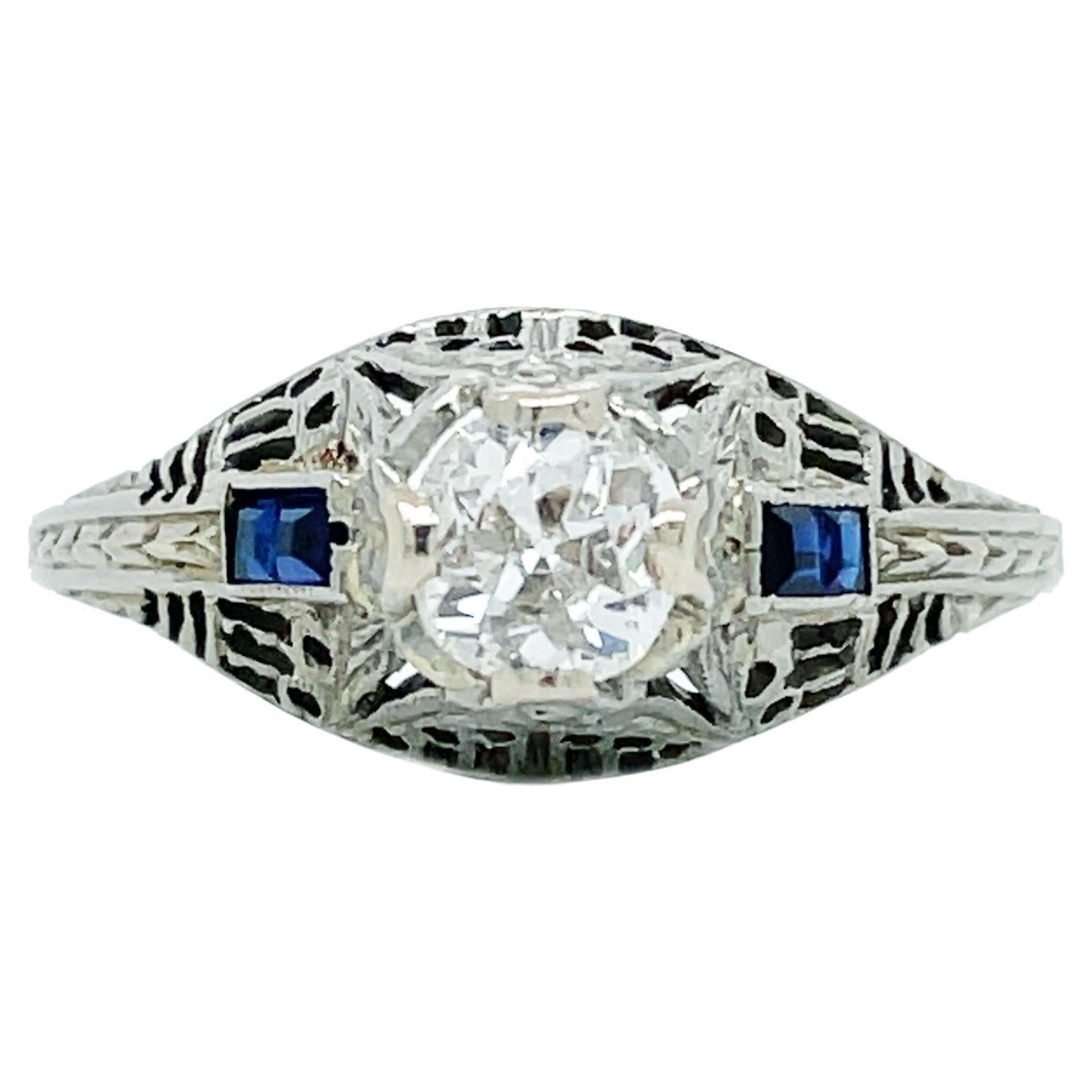 1915 Art Deco Diamond and Sapphire White Gold Filigree Ring with GIA Cert.