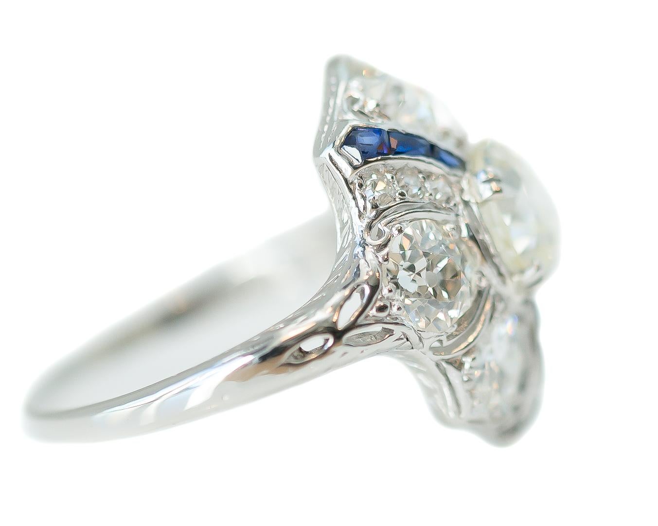 Old European Cut 1915 Art Deco GIA 3.3 Carat Total Diamond and Sapphire Platinum Shield Ring