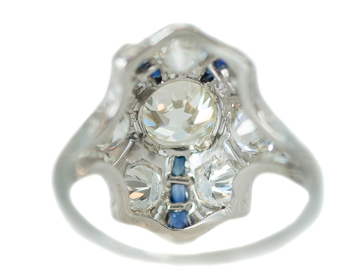 1915 Art Deco GIA 3.3 Carat Total Diamond and Sapphire Platinum Shield Ring In Good Condition For Sale In Atlanta, GA