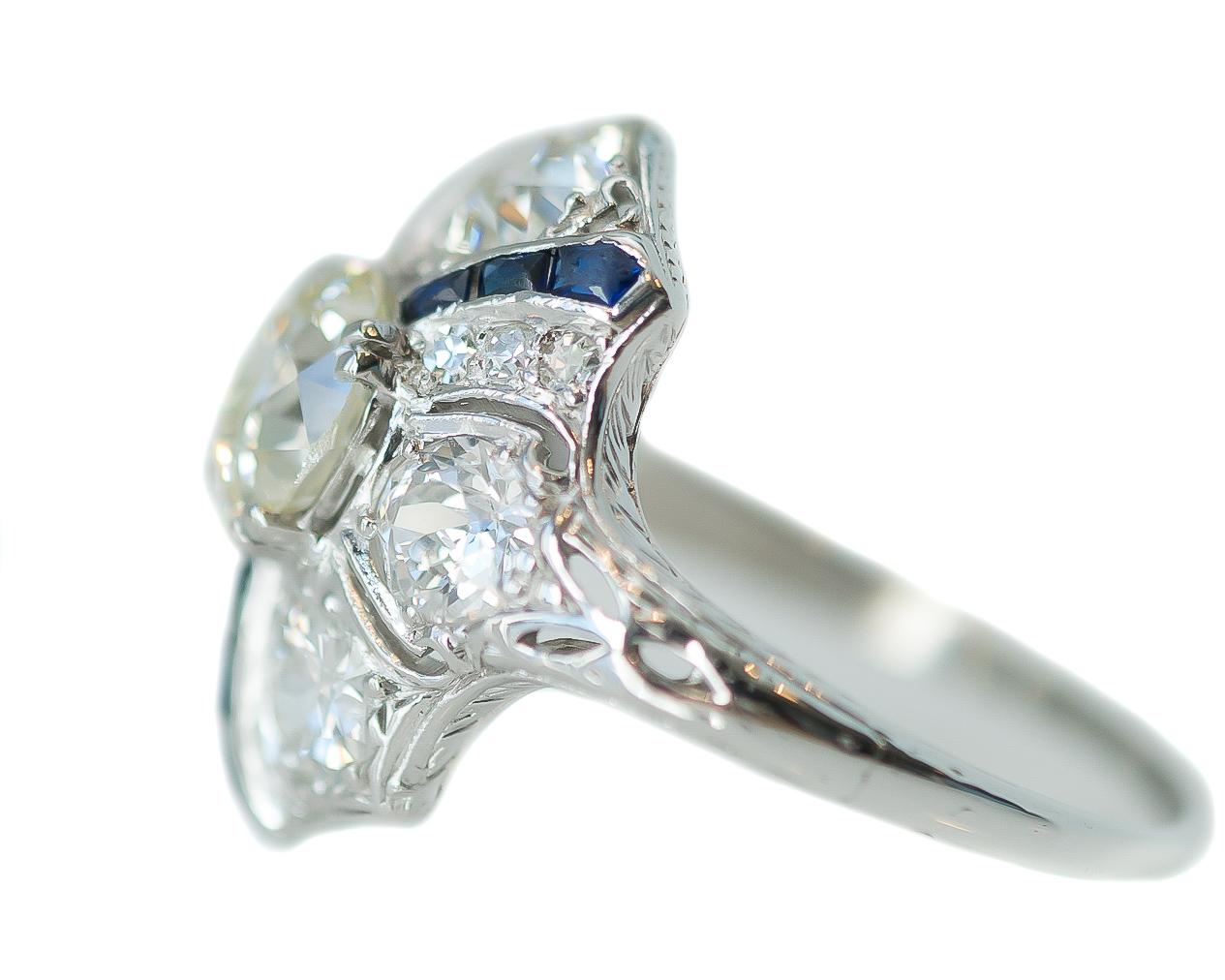 1915 Art Deco GIA 3.3 Carat Total Diamond and Sapphire Platinum Shield Ring For Sale 1