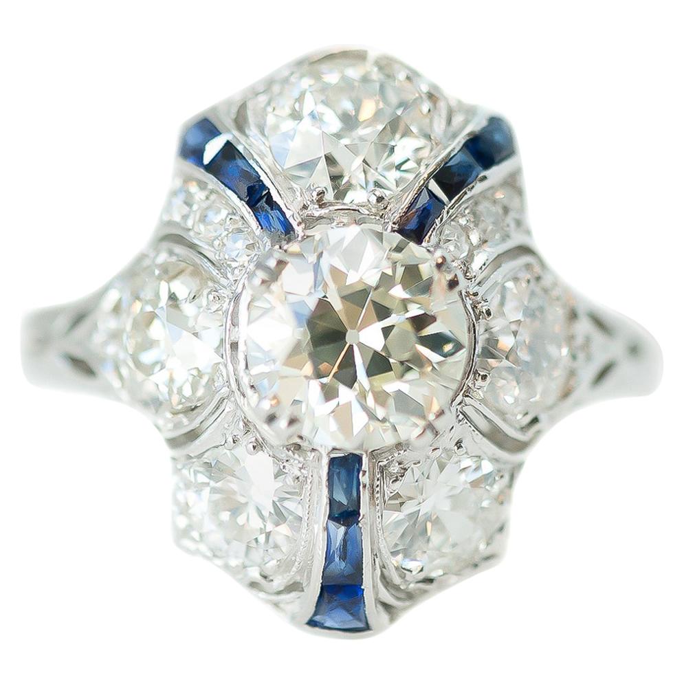 1915 Art Deco GIA 3.3 Carat Total Diamond and Sapphire Platinum Shield Ring