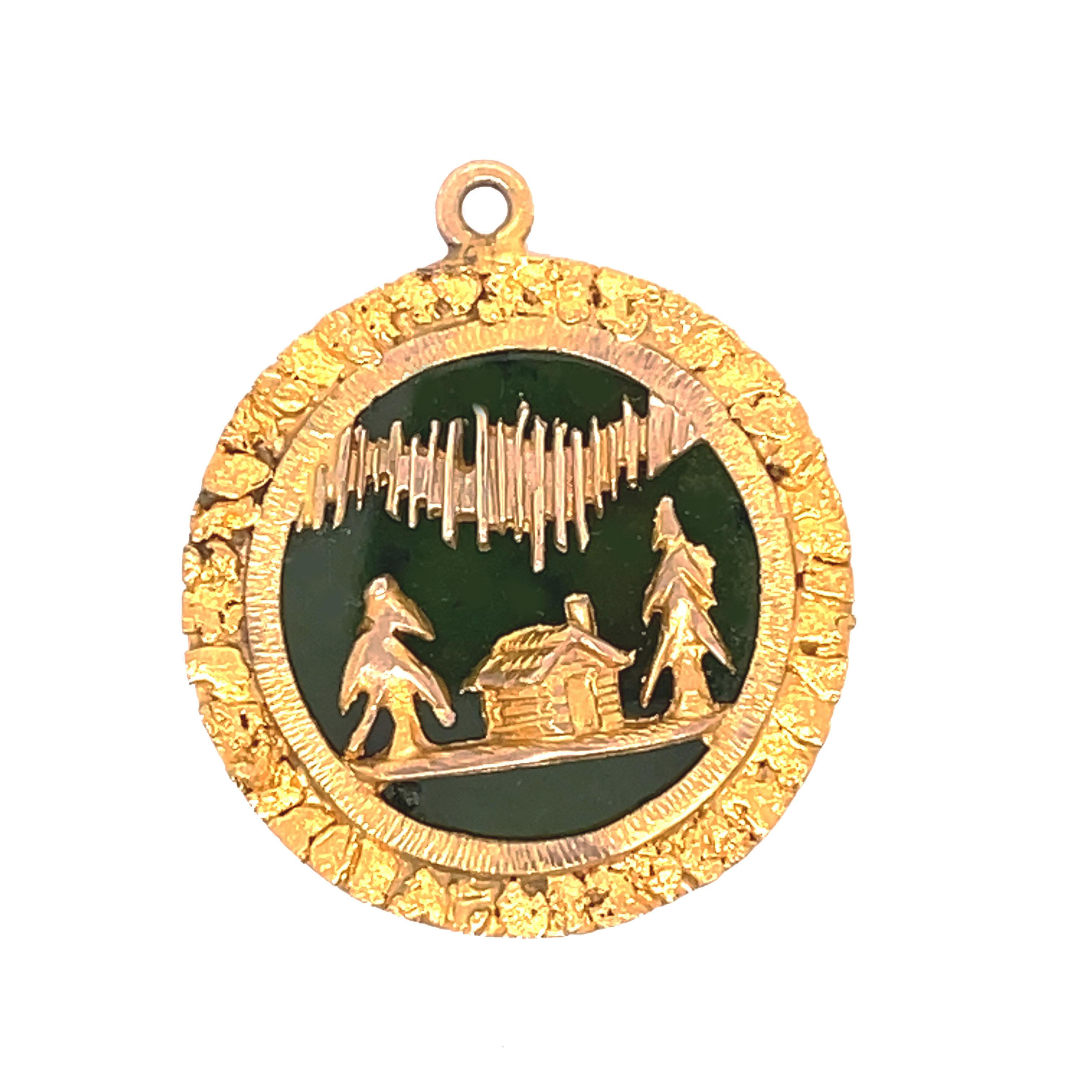 Uncut 1915 Art Deco Jade Cabin in the Woods Yellow Gold Pendant For Sale