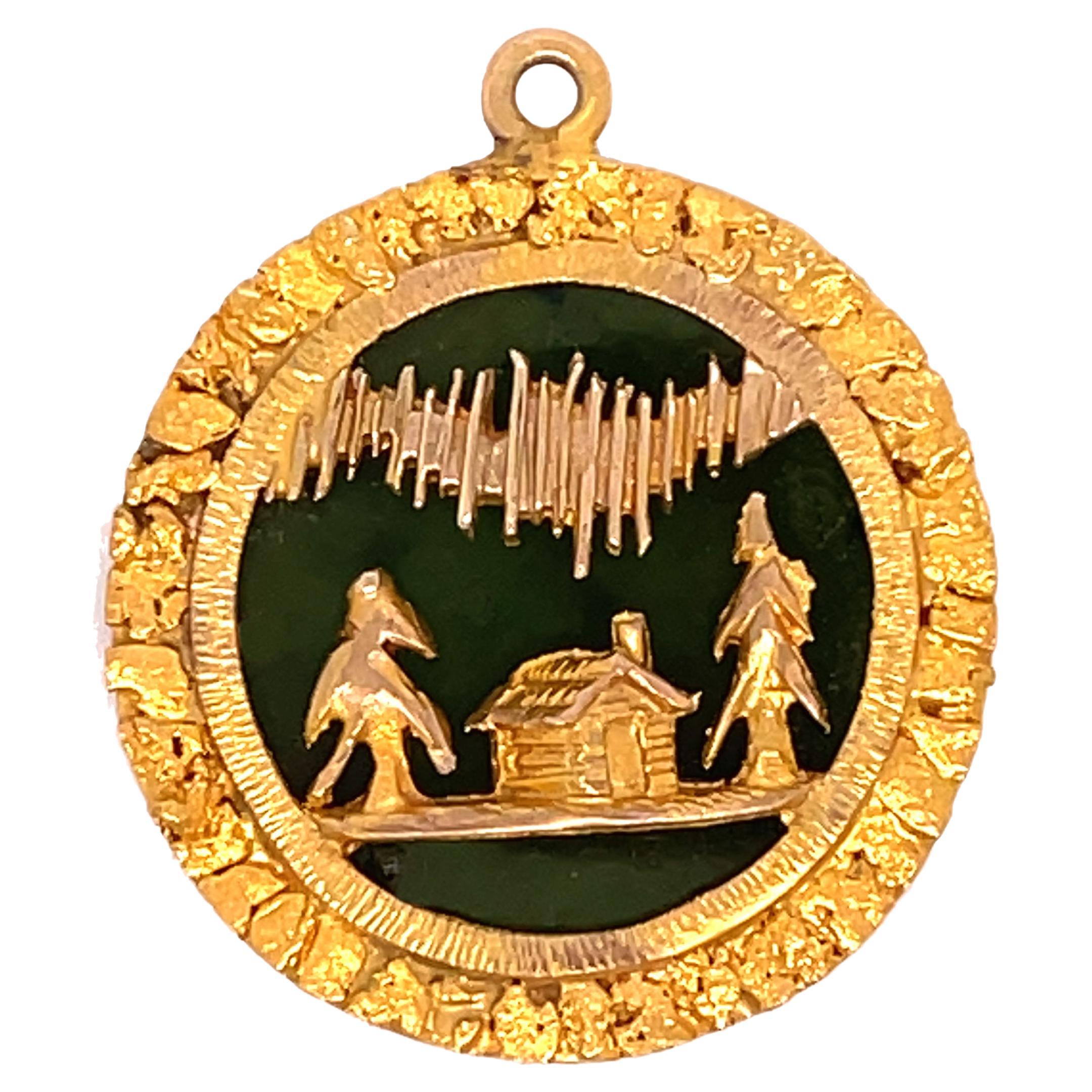 1915 Art Deco Jade Cabin in the Woods Yellow Gold Pendant For Sale