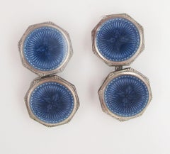 1915 Art Deco Krementz Steel Dark Blue Serling Silver Enamel Cufflinks