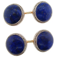 Antique 1915 Art Deco Platinum Over 14K Yellow Gold Lapis Cabochon Krementz Cufflinks