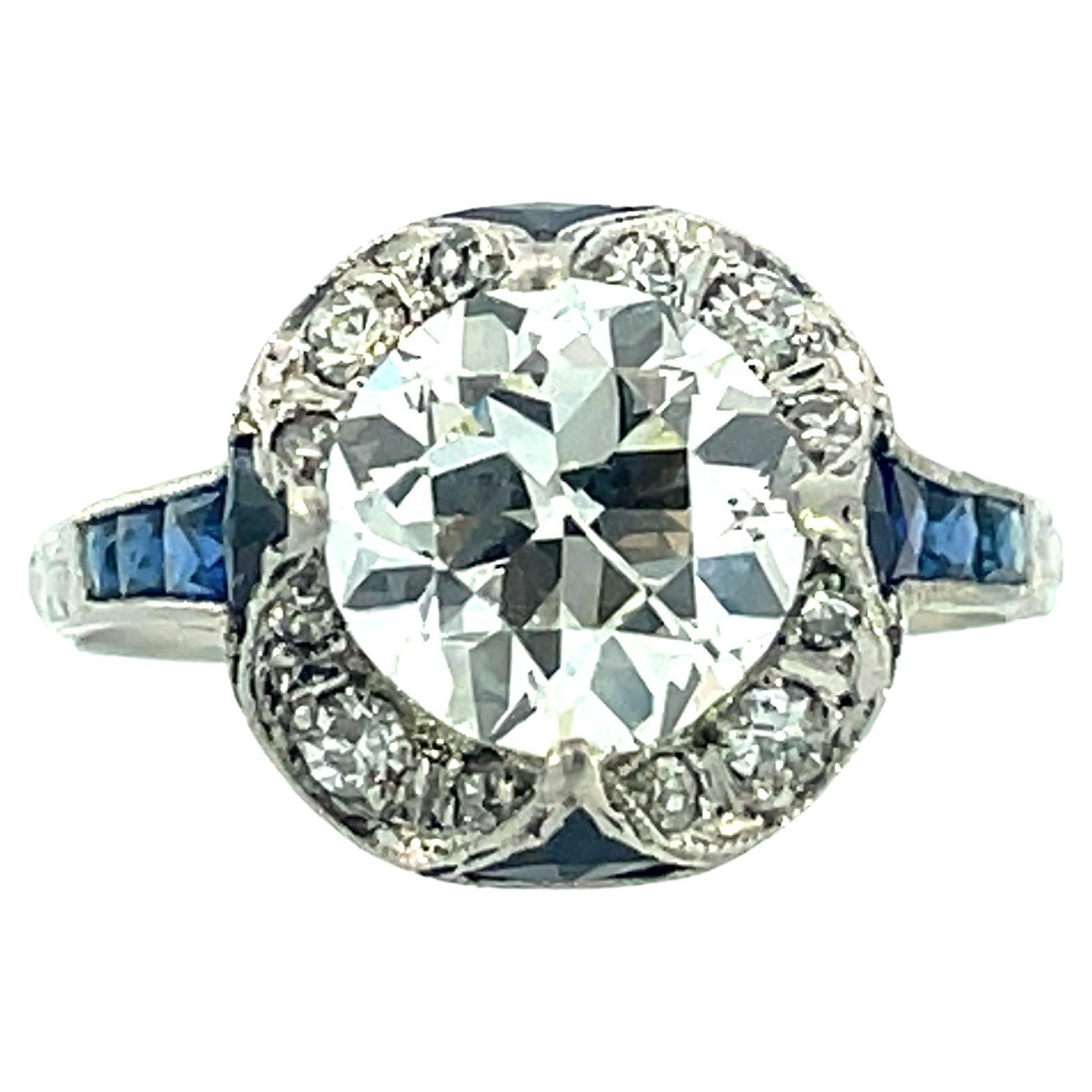 1915 Art Deco Platinum Ring with Diamond And Blue Sapphire 