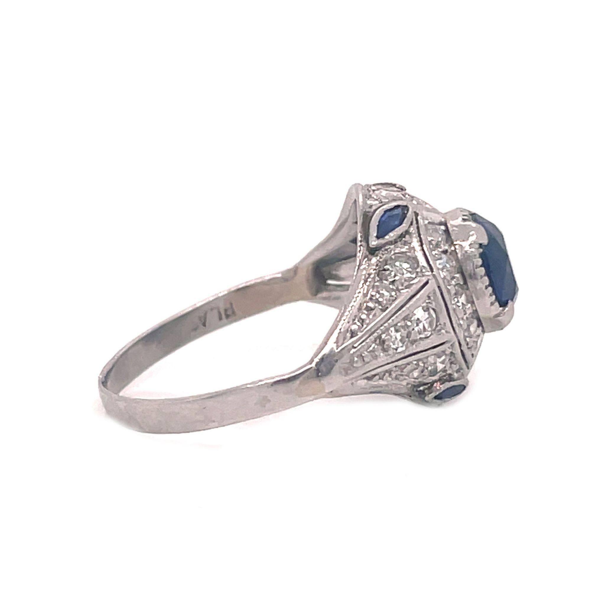 1915 Art Deco Platinum Sapphire and Diamond Ring For Sale 2