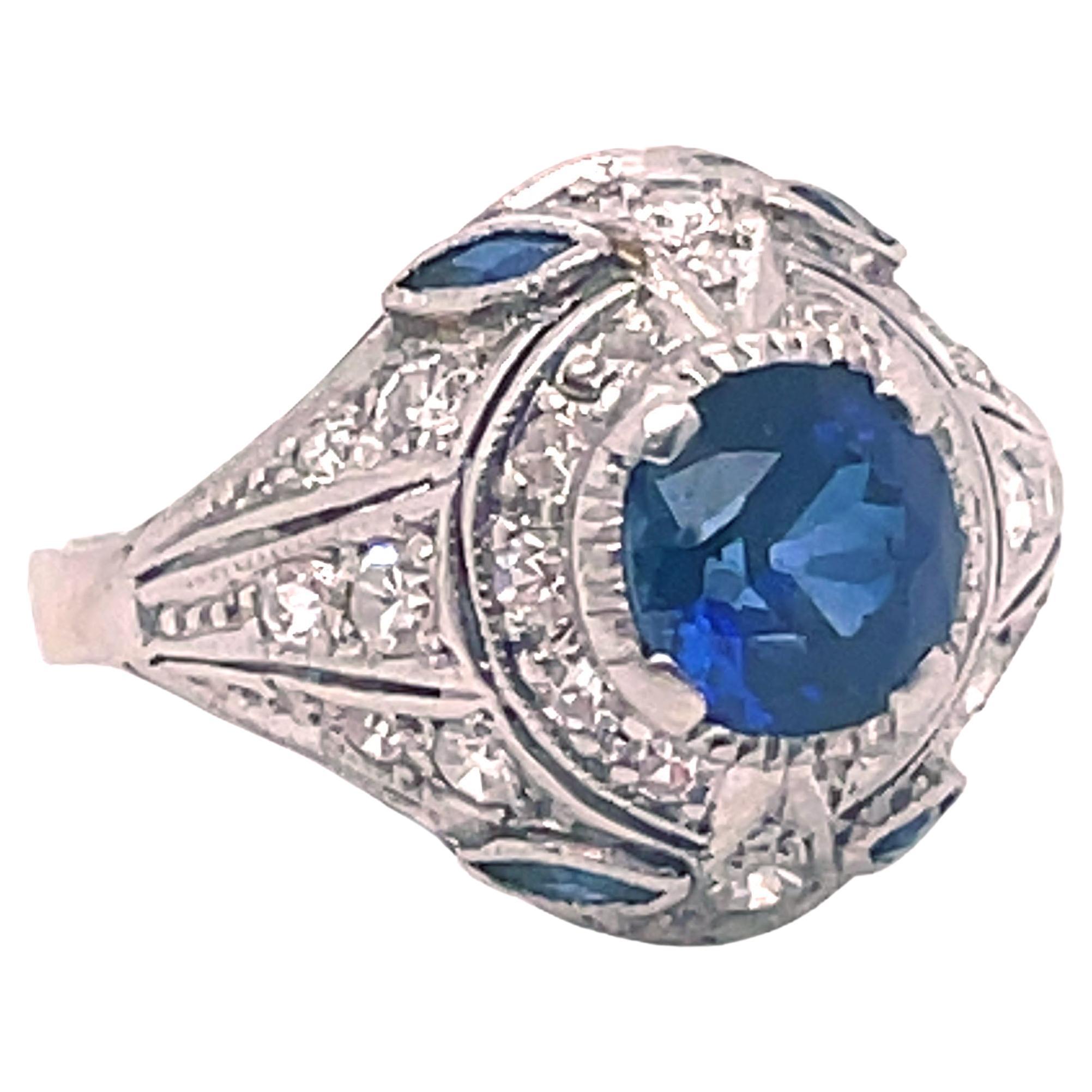 1915 Art Deco Platinum Sapphire and Diamond Ring