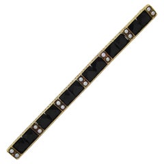 1915 Art Deco Sloan & Co French Cut Black Onyx Pearl 14 Karat Bar Pin