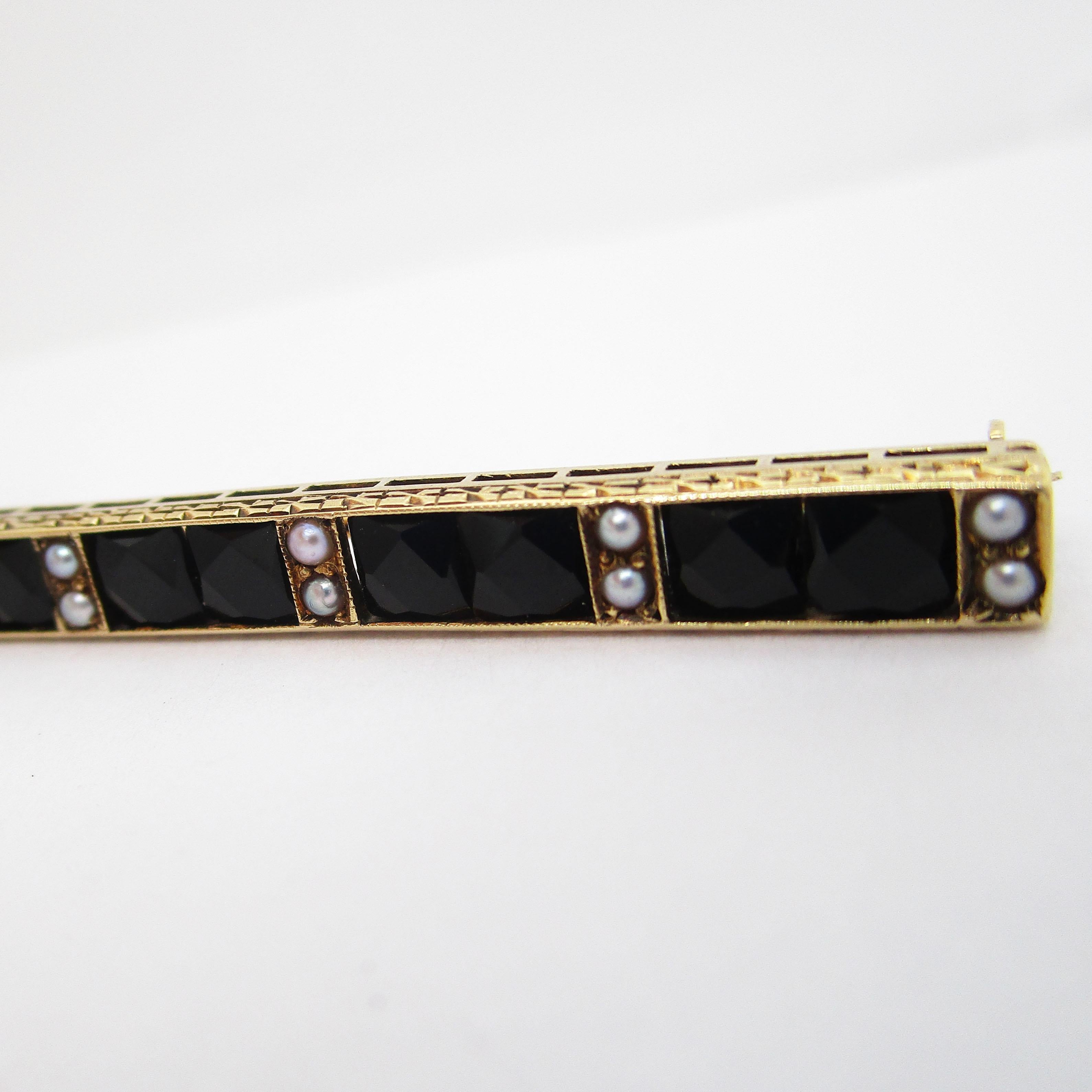Taille française Sloan & Co Broche barrette Art déco en or 14 carats et perles d'onyx noir de taille française, 1915