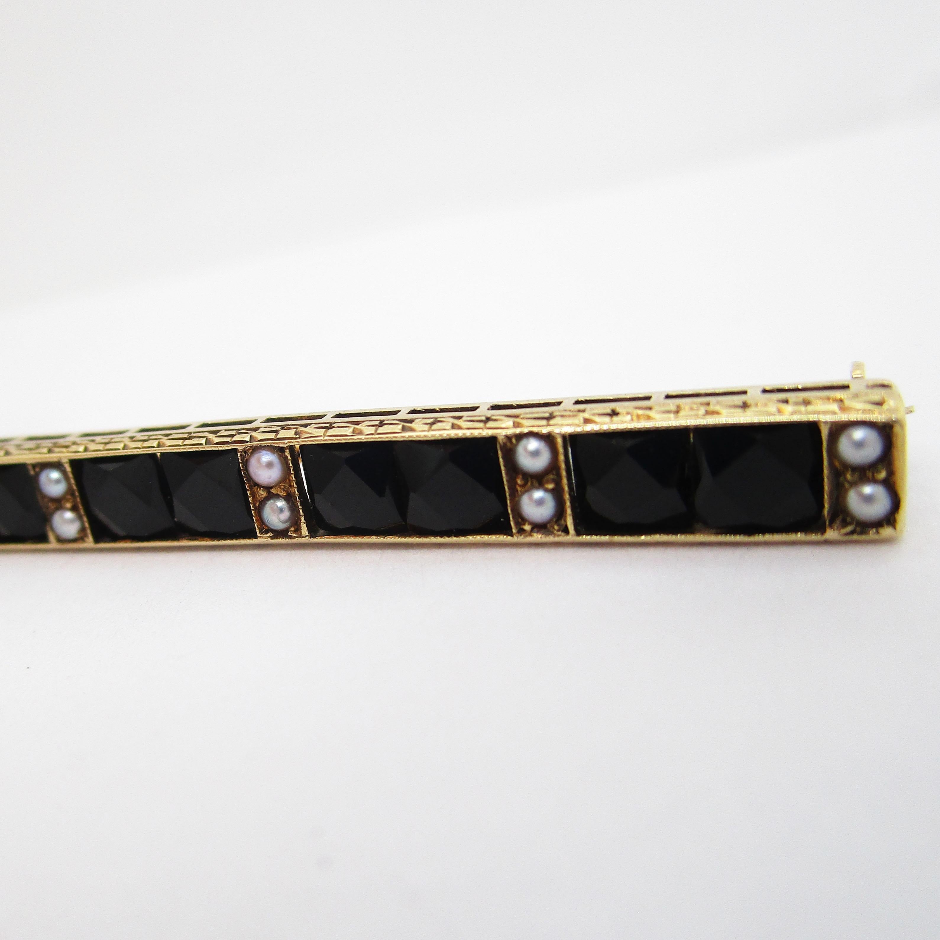 Taille française Sloan & Co Broche barrette Art déco en or 14 carats et perles d'onyx noir de taille française, 1915 en vente