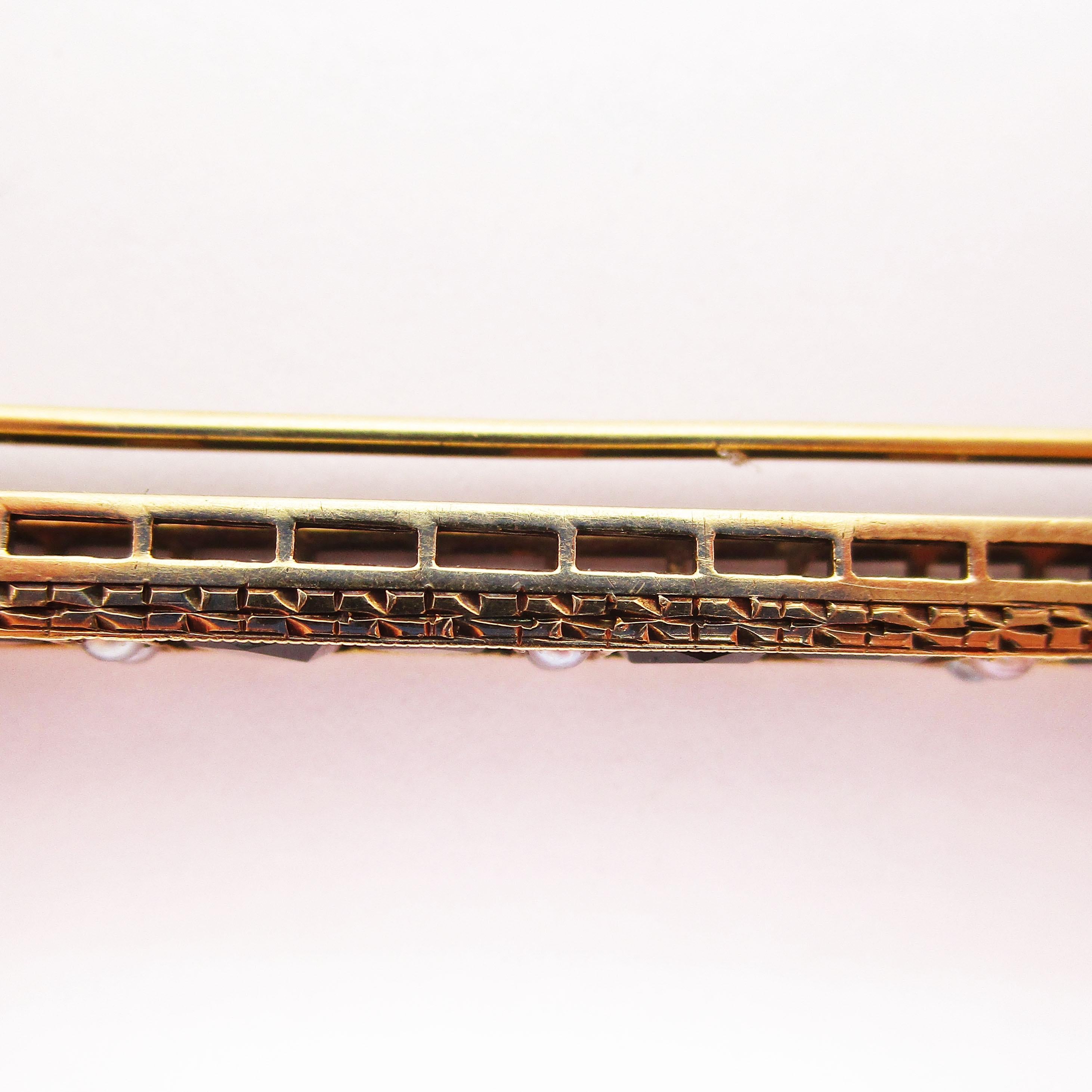  Sloan & Co Broche barrette Art déco en or 14 carats et perles d'onyx noir de taille française, 1915 Unisexe 