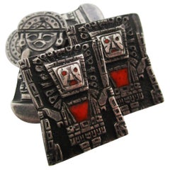 Used 1915 Art Deco Sterling Silver Enamel Aztec Cufflinks