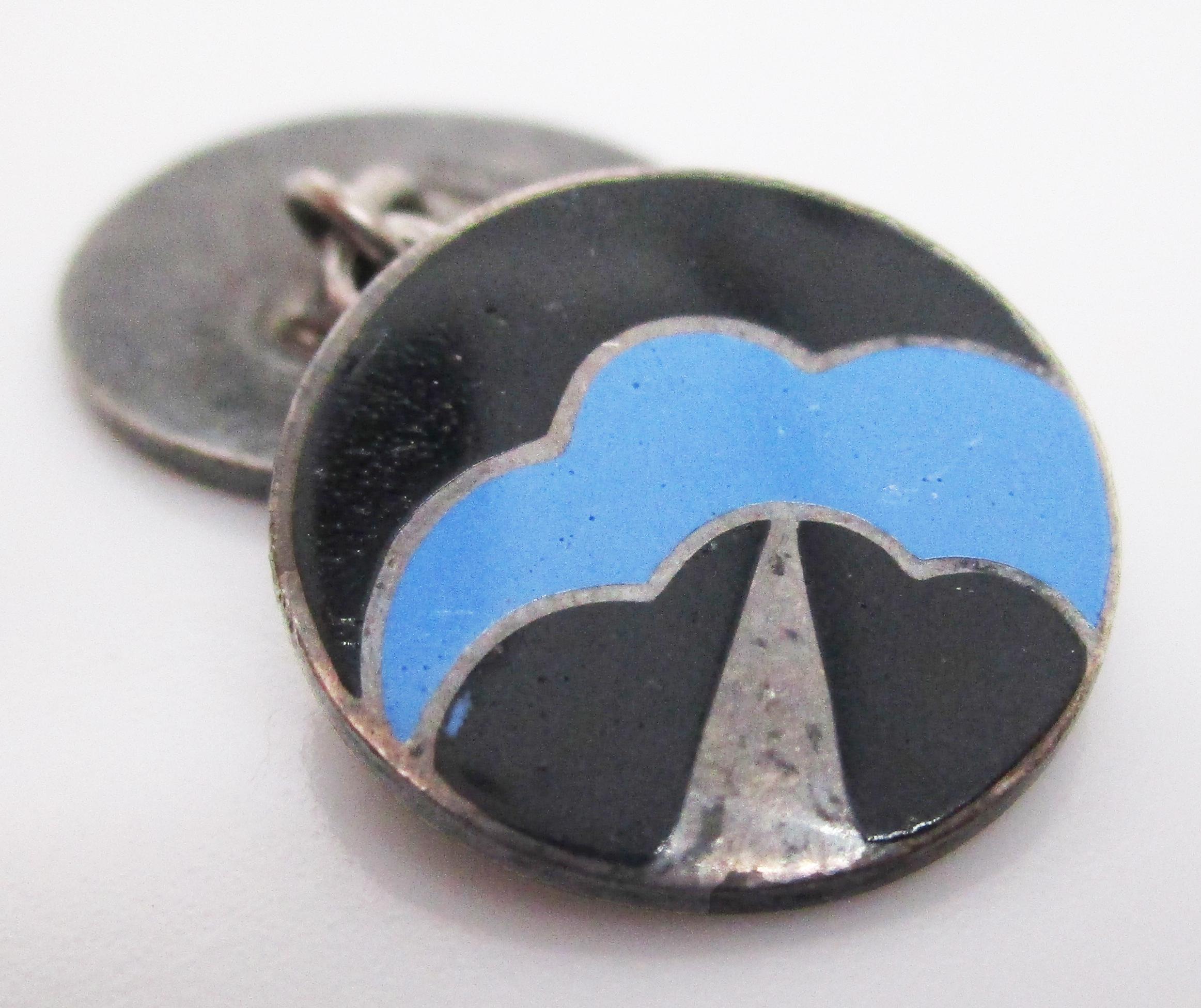 Women's or Men's 1915 Art Deco Sterling Silver Enamel Thundercloud Motif Cufflinks