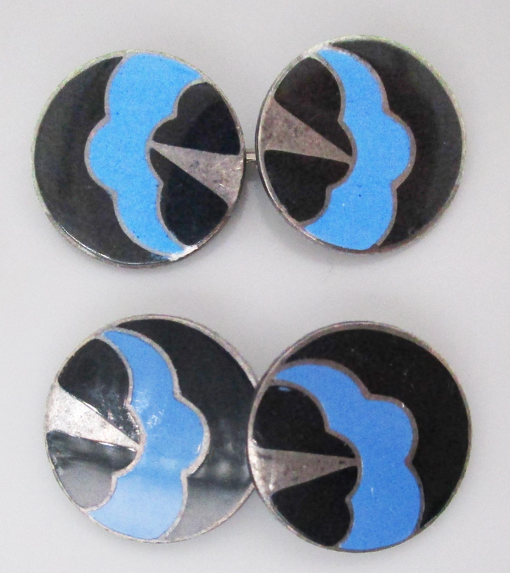 1915 Art Deco Sterling Silver Enamel Thundercloud Motif Cufflinks 1