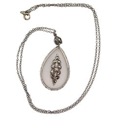 1915 Art Deco Sterling Silver Marcasite and Frosted Quartz Crystal Necklace