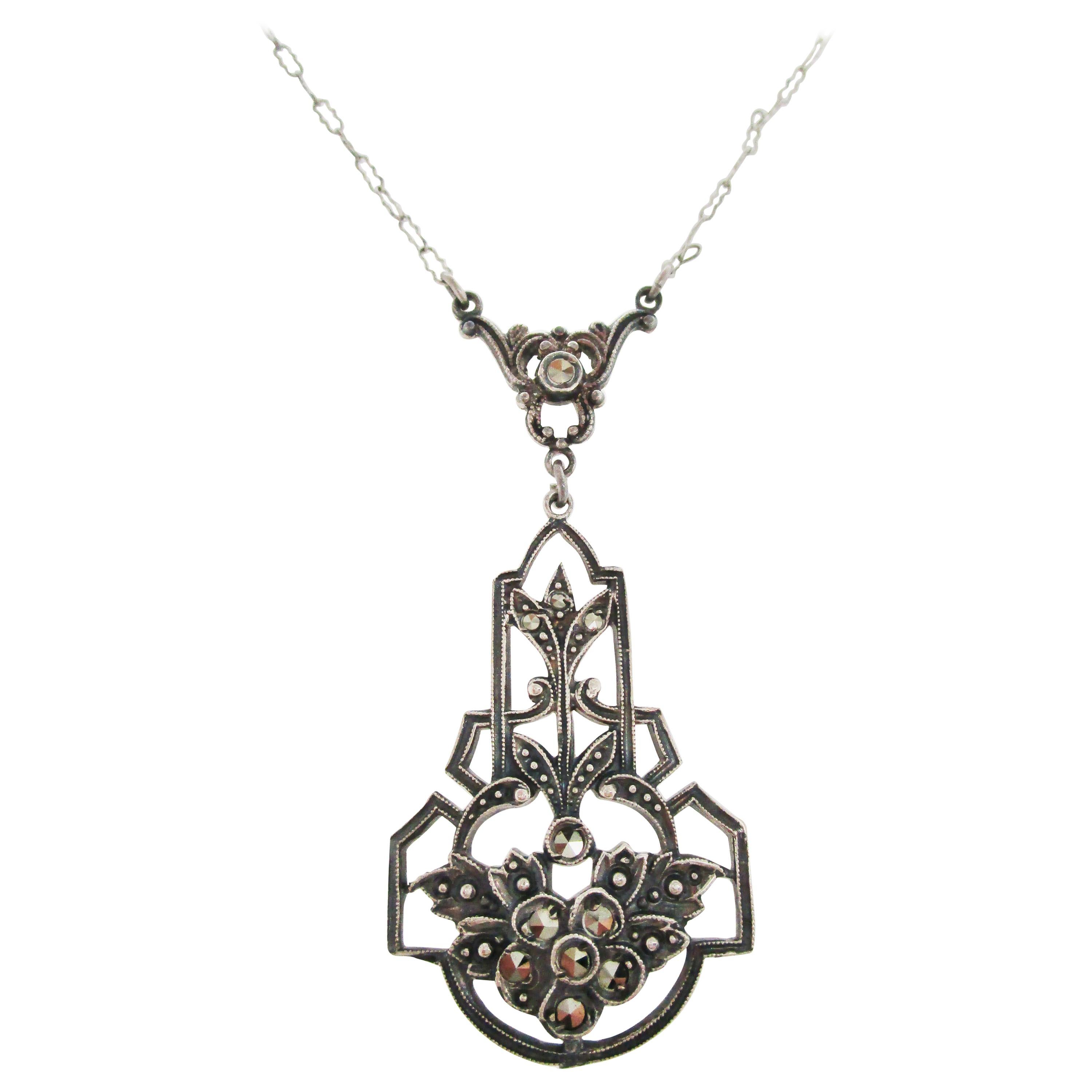 1915 Art Deco Sterling Silver Marcasite Necklace