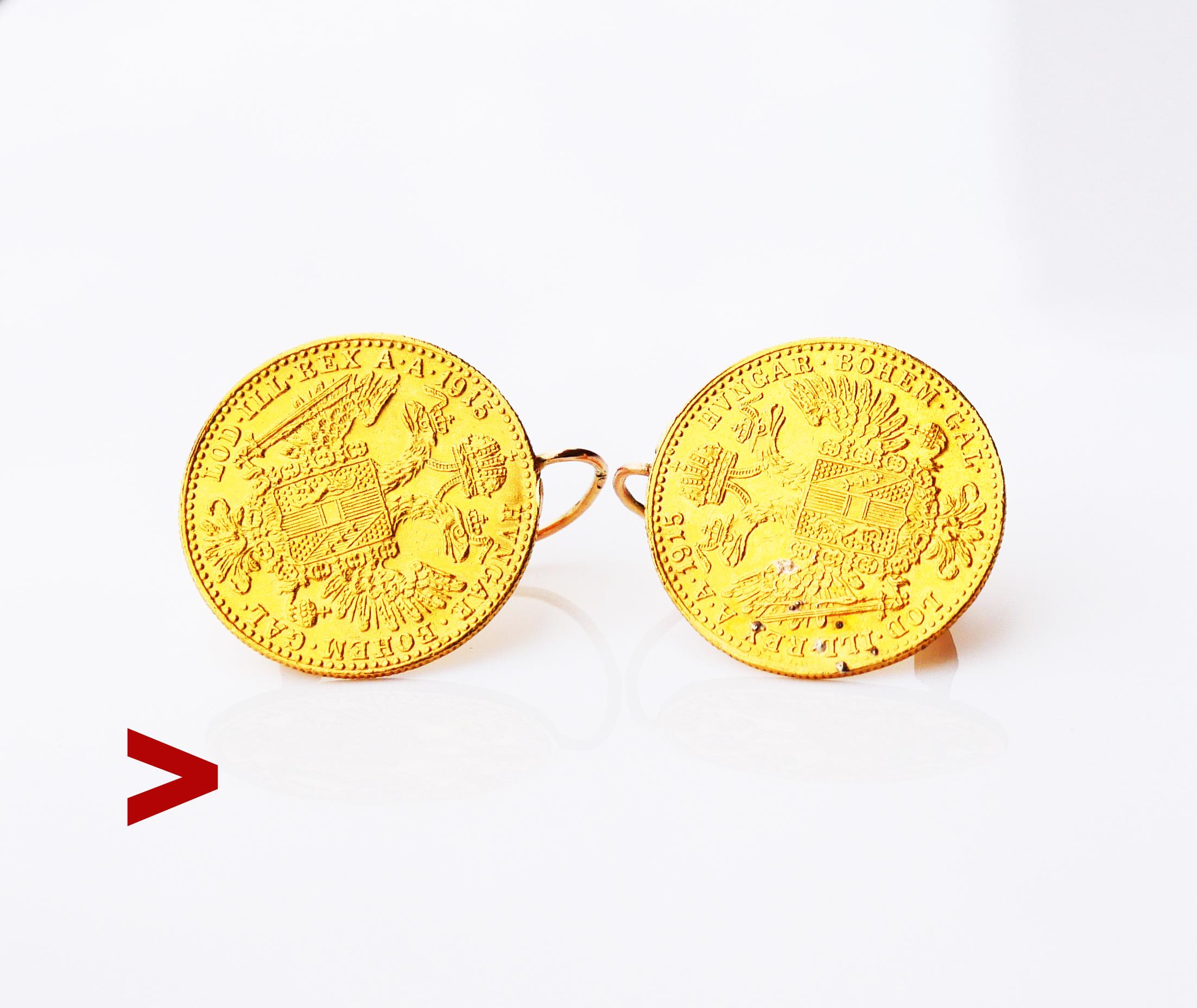 Antique Austrian Earrings Coins featuring one Austrian 23K Gold Ducat coin on each piece soldered with folding hooks in solid 14K Rose Cold.

Wires hallmarked with early 20th century Austrian Imperial standard hallmarks, enclosed head of a horse