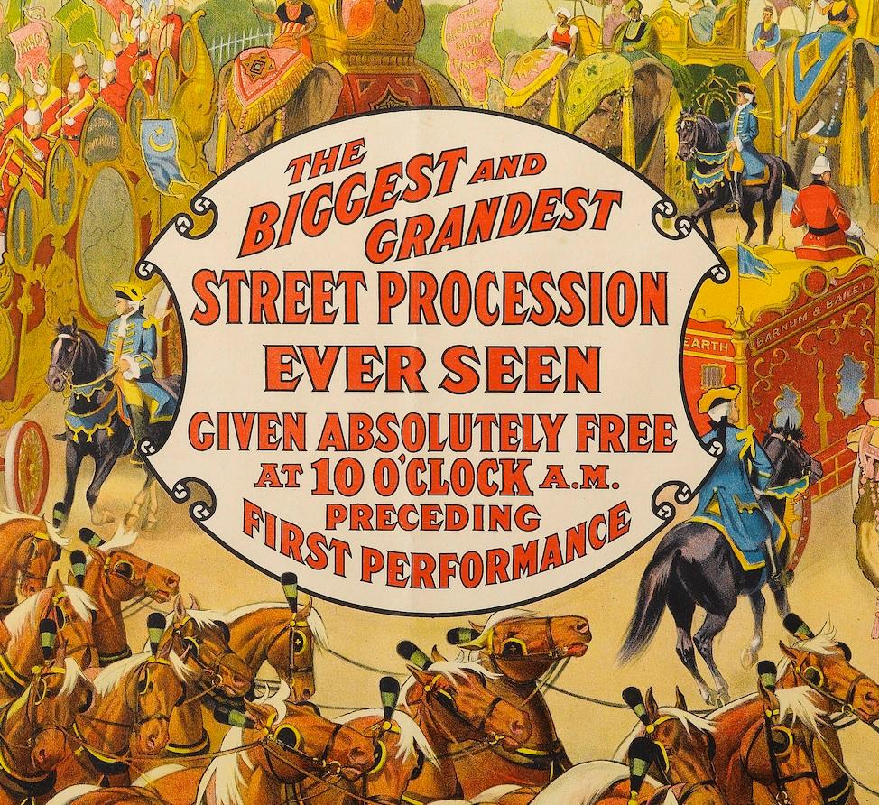 This is a colorful 1915 lithographic Barnum & Bailey circus poster, announcing “Barnum & Bailey’s New Free Parade” and featuring the iconic 