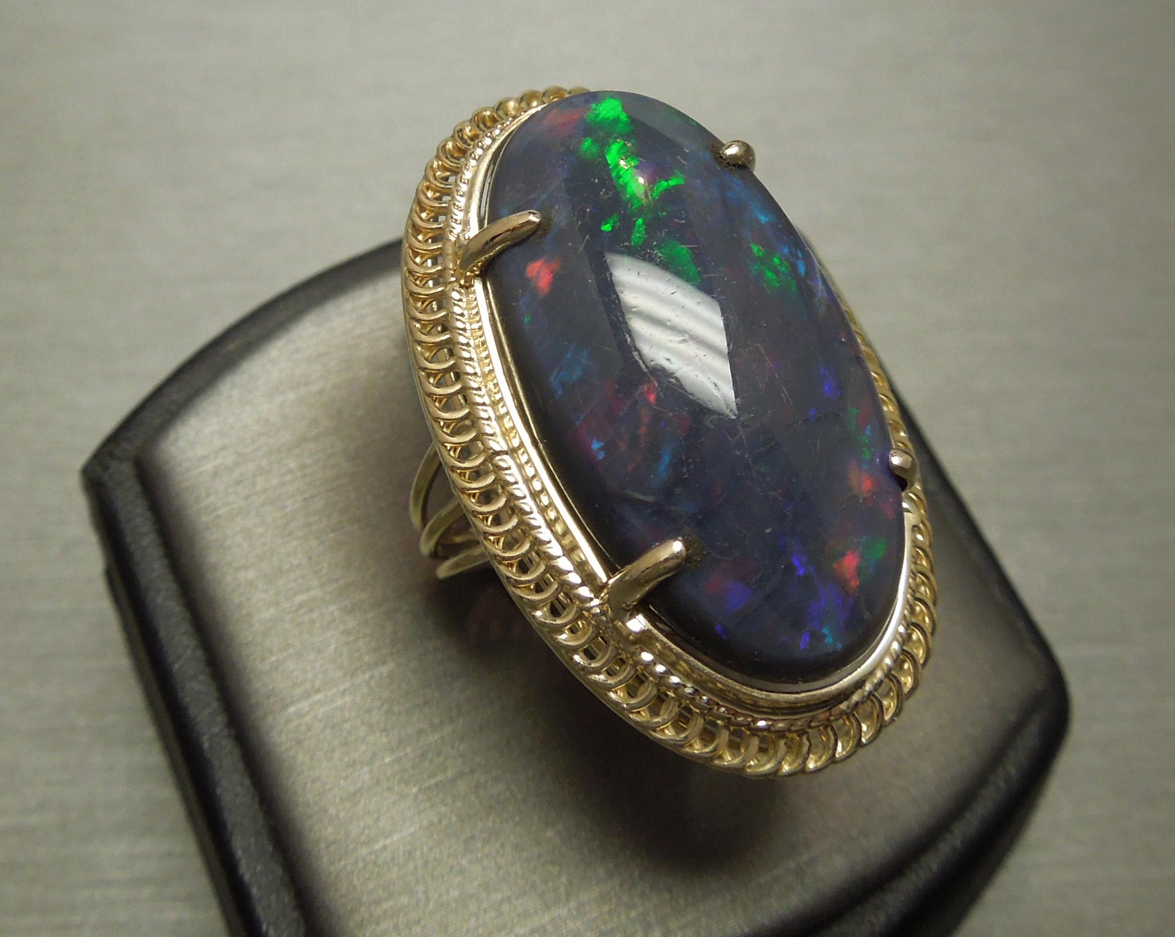 19.15 Carat GIA Midnight Black Opal 18 Karat Gold Ring For Sale 1
