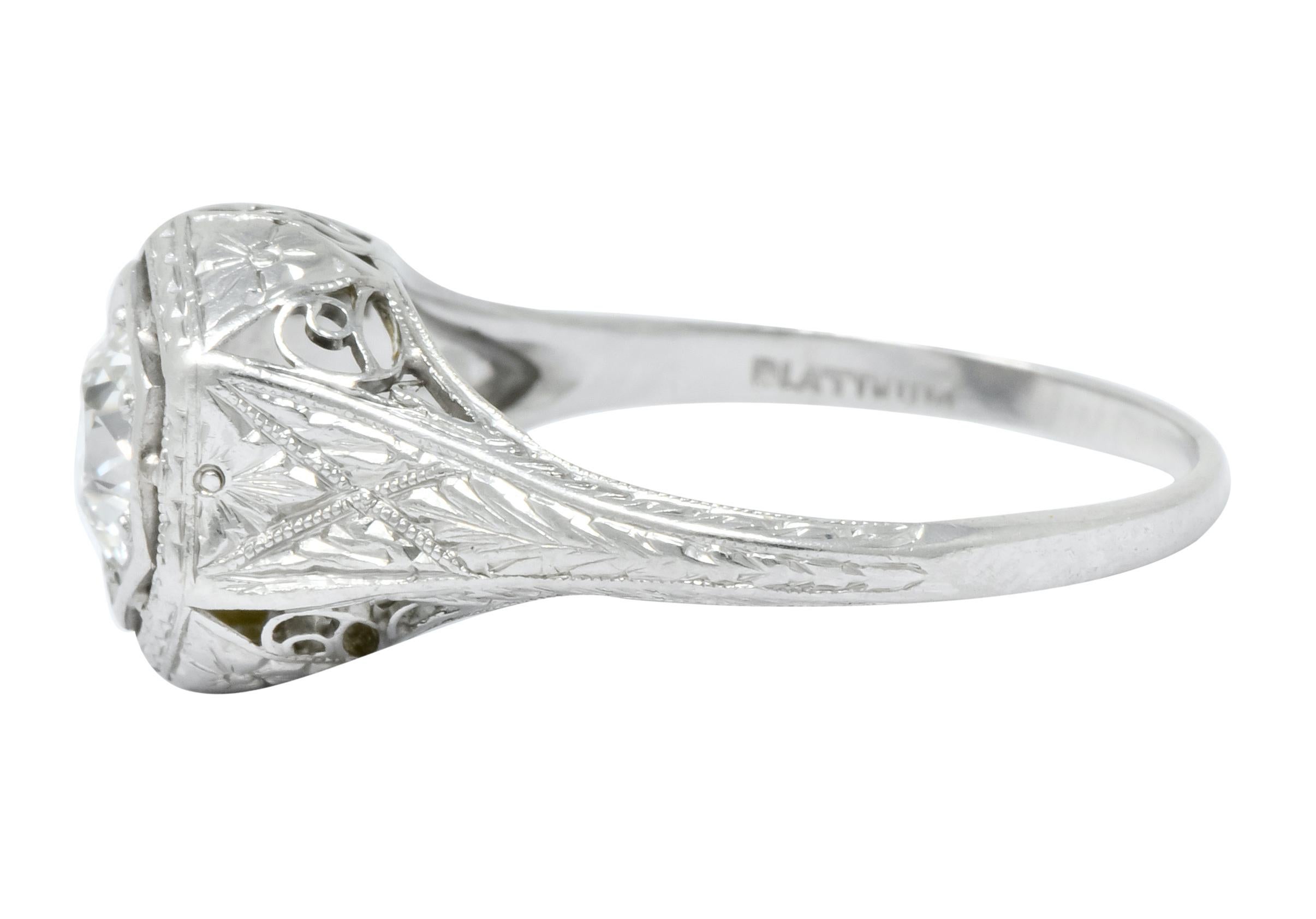 1915 Edwardian .63 Carat Diamond Platinum Engagement Ring In Excellent Condition In Philadelphia, PA